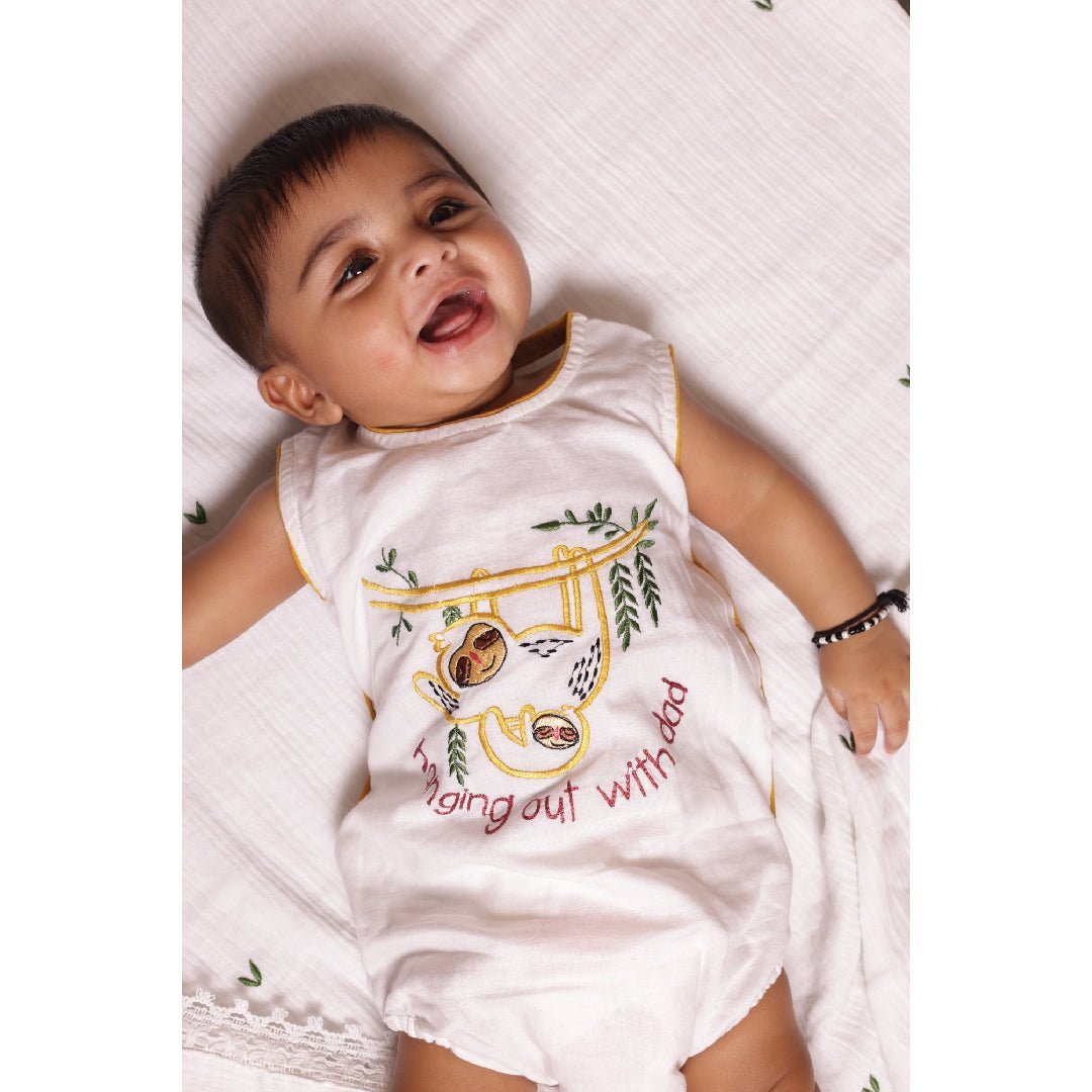 Bhaakur Cotton Romper- Hanging Out With Dad - Romper-Sloth-Voile-0-6M
