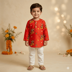 Bhaakur Goddess Durga Chanderi Kurta Set | The Mom Store - 0-6Months Kurta Pyjama Set
