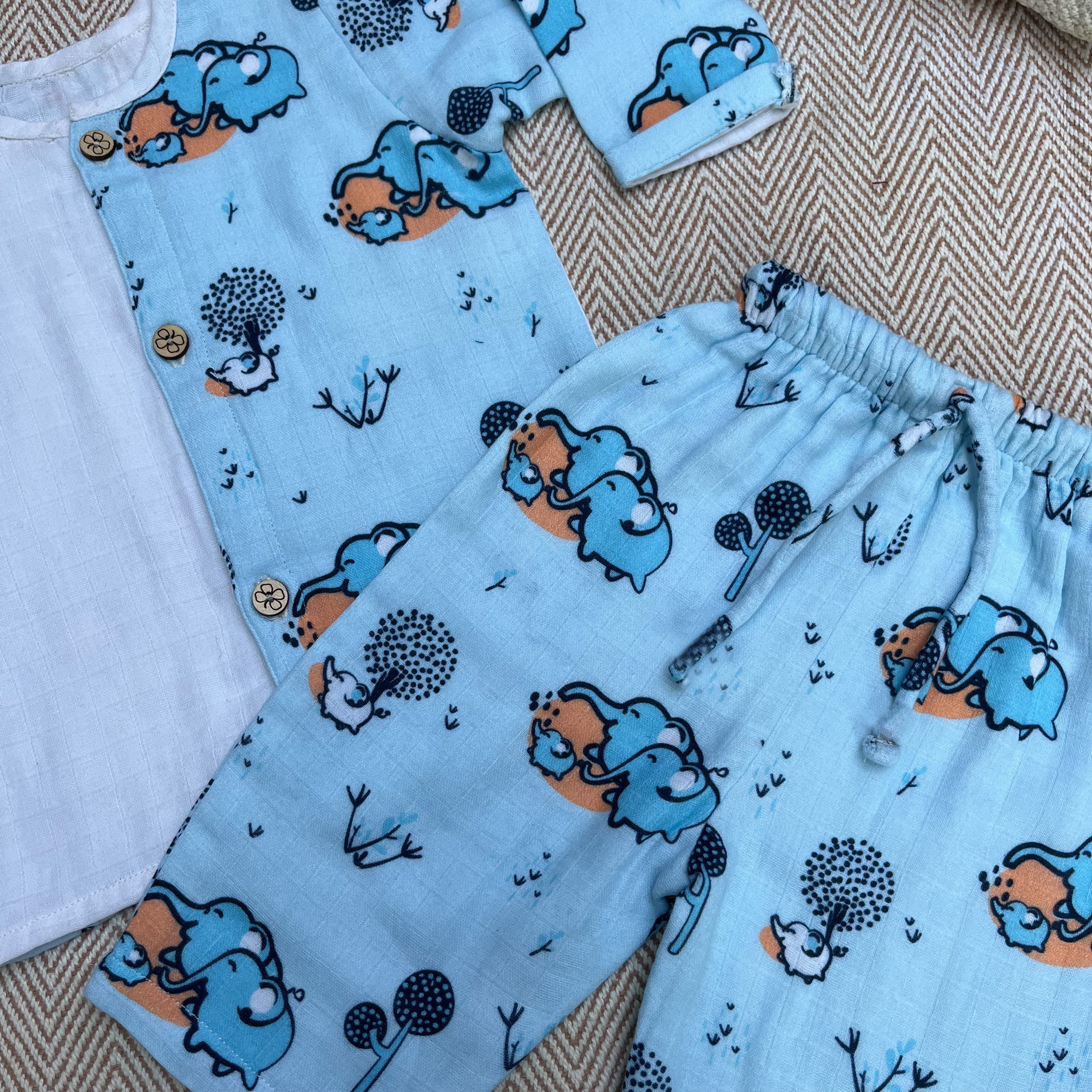Bhaakur Muslin Full sleeves Jhabla Set - Elephant Clan - SET - B - ELE - 0 - 3 Months