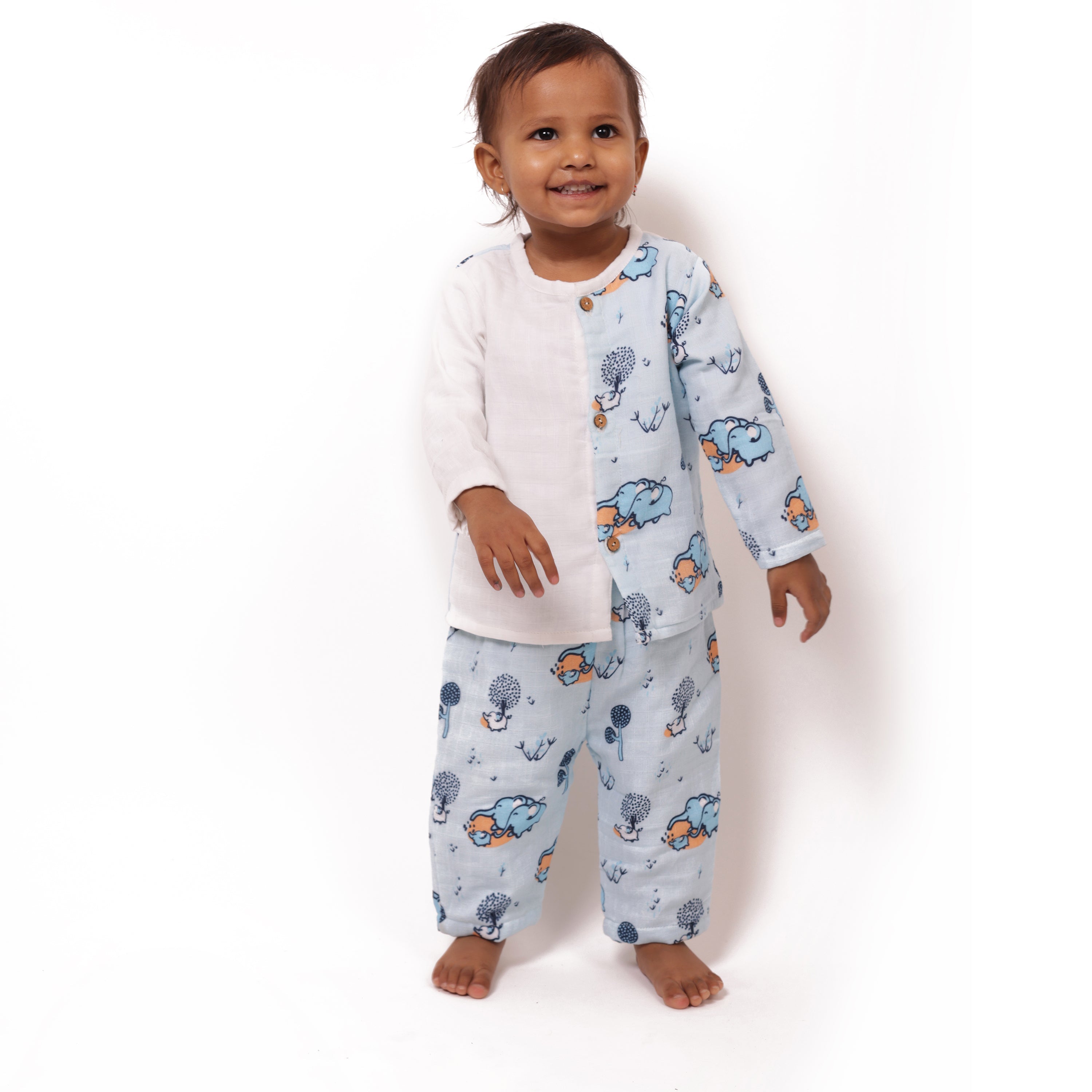 Bhaakur Muslin Full sleeves Jhabla Set - Elephant Clan - SET - B - ELE - 0 - 3 Months