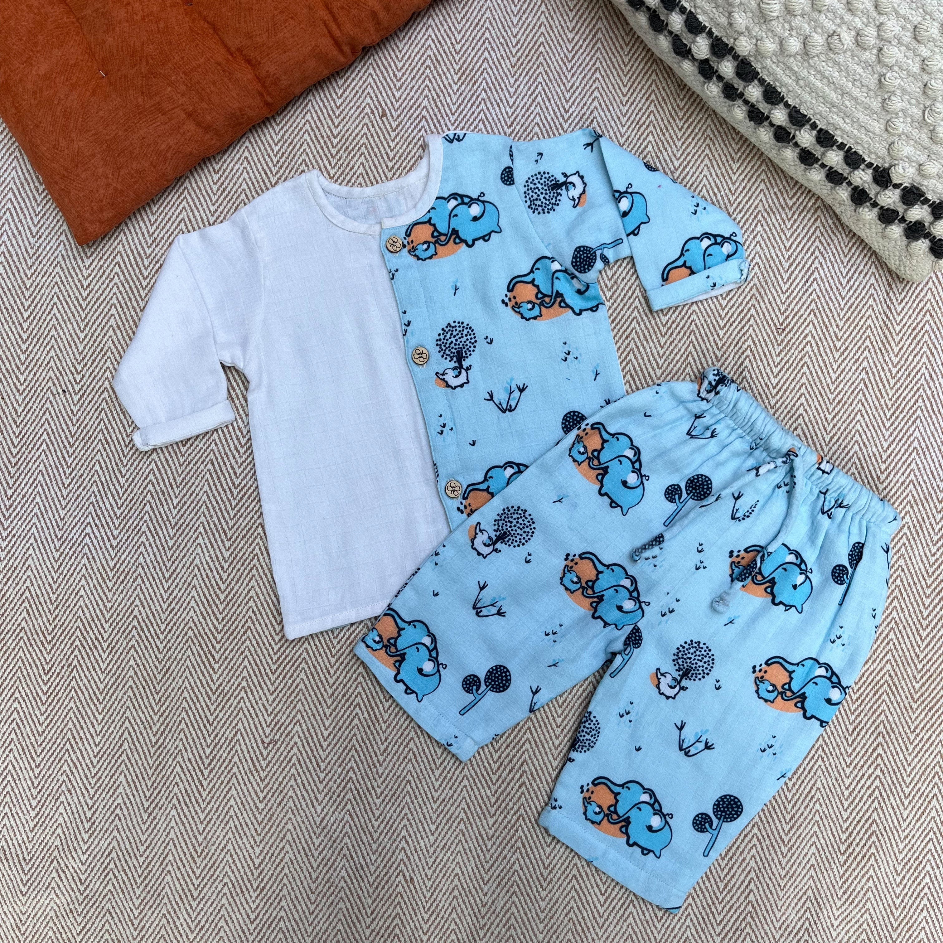 Bhaakur Muslin Full sleeves Jhabla Set - Elephant Clan - SET - B - ELE - 0 - 3 Months