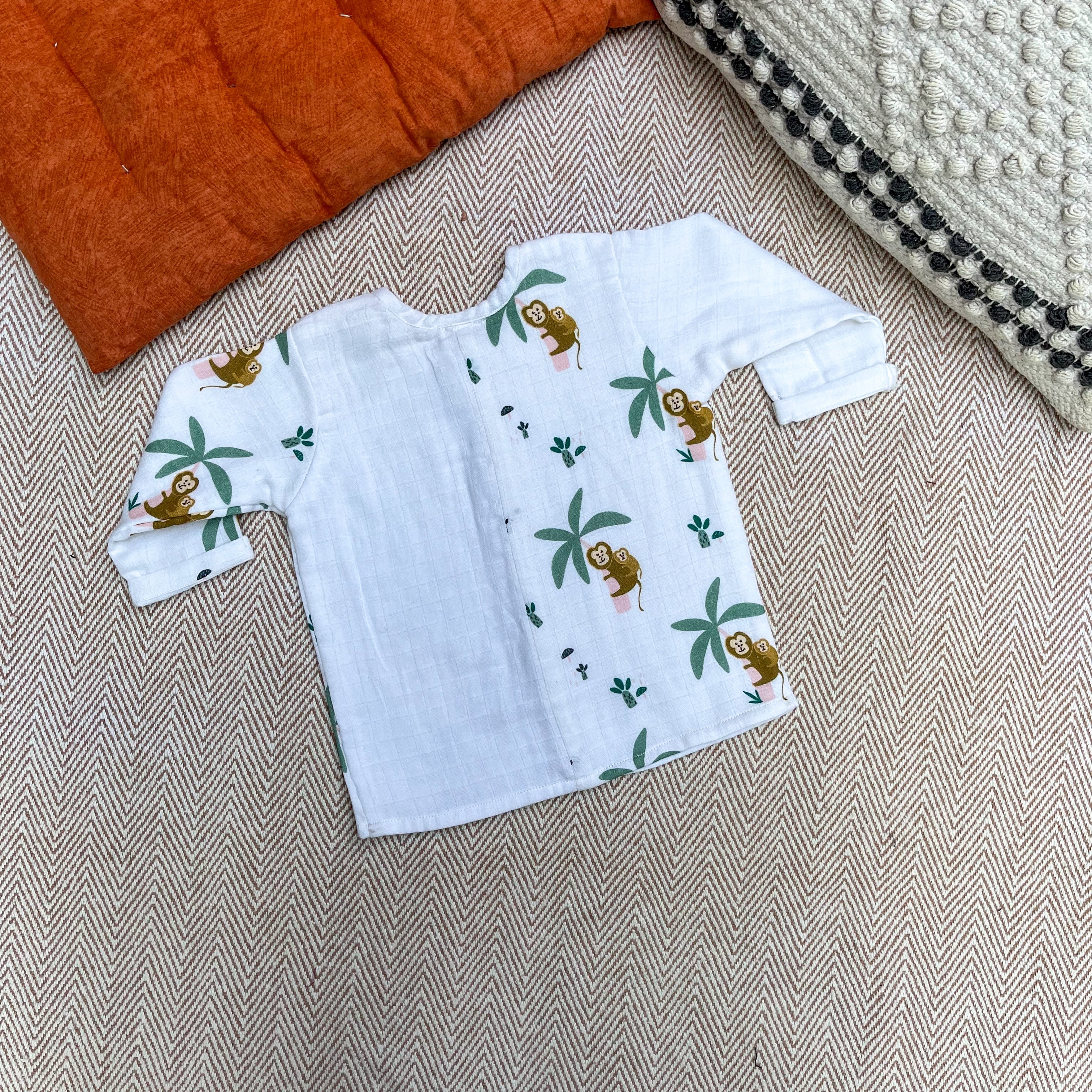 Bhaakur Muslin Full Sleeves Jhabla Set - Monkeying around - MU - SET - W - MON - 3 - 6 Months