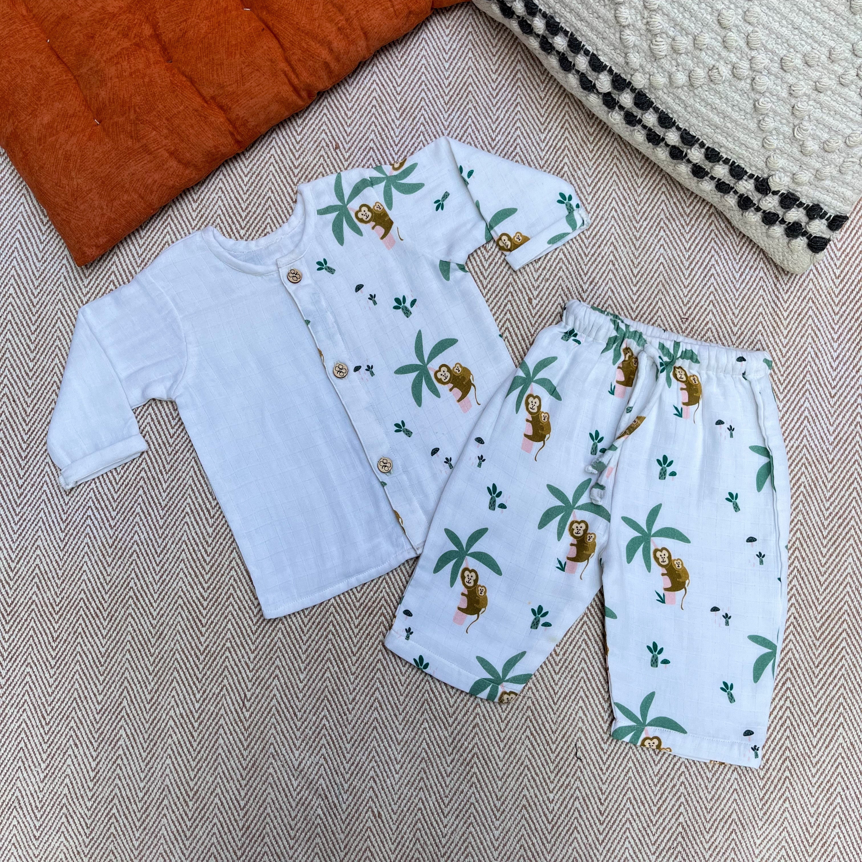 Bhaakur Muslin Full Sleeves Jhabla Set - Monkeying around - MU - SET - W - MON - 3 - 6 Months