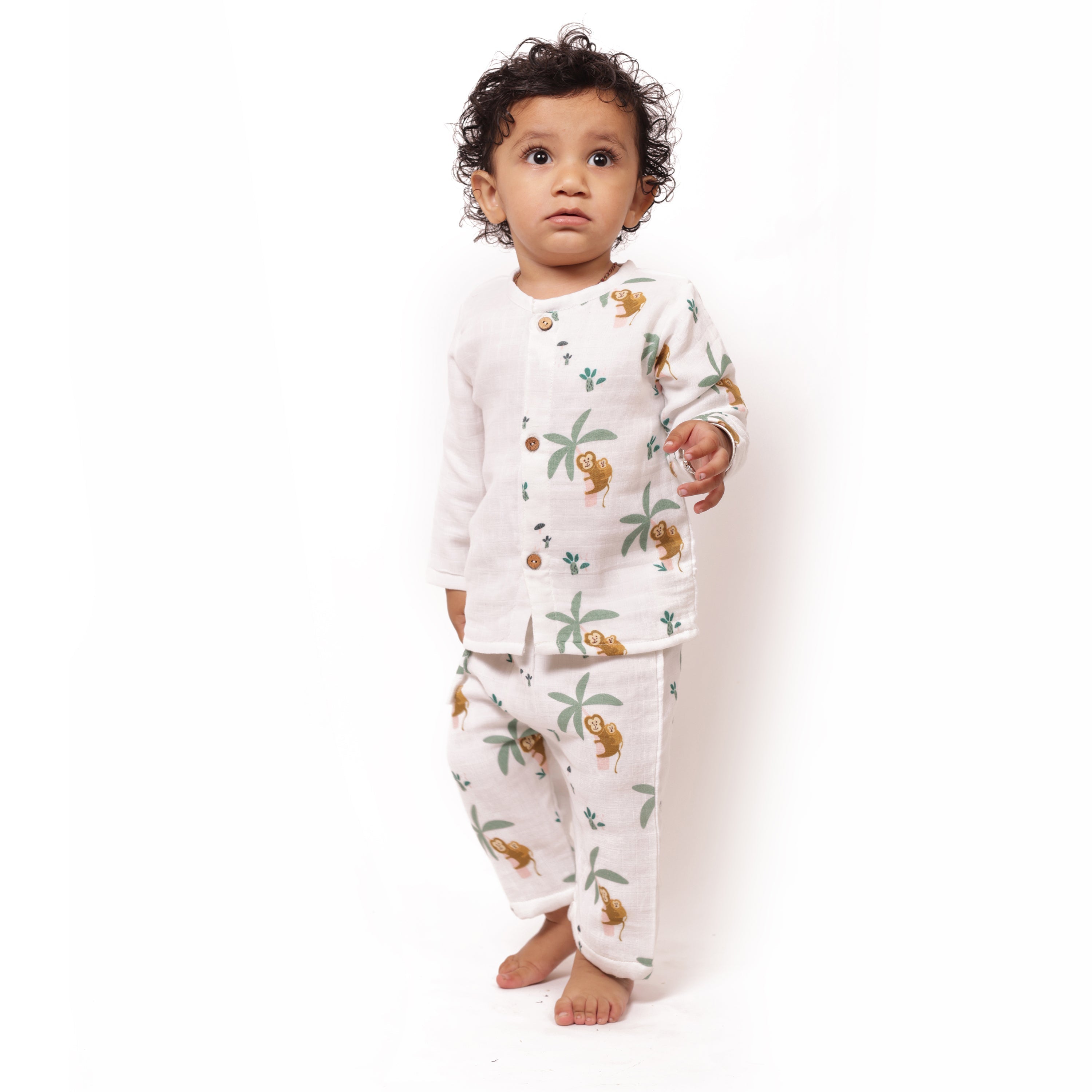 Bhaakur Muslin Full Sleeves Jhabla Set - Monkeying around - MU - SET - W - MON - 3 - 6 Months