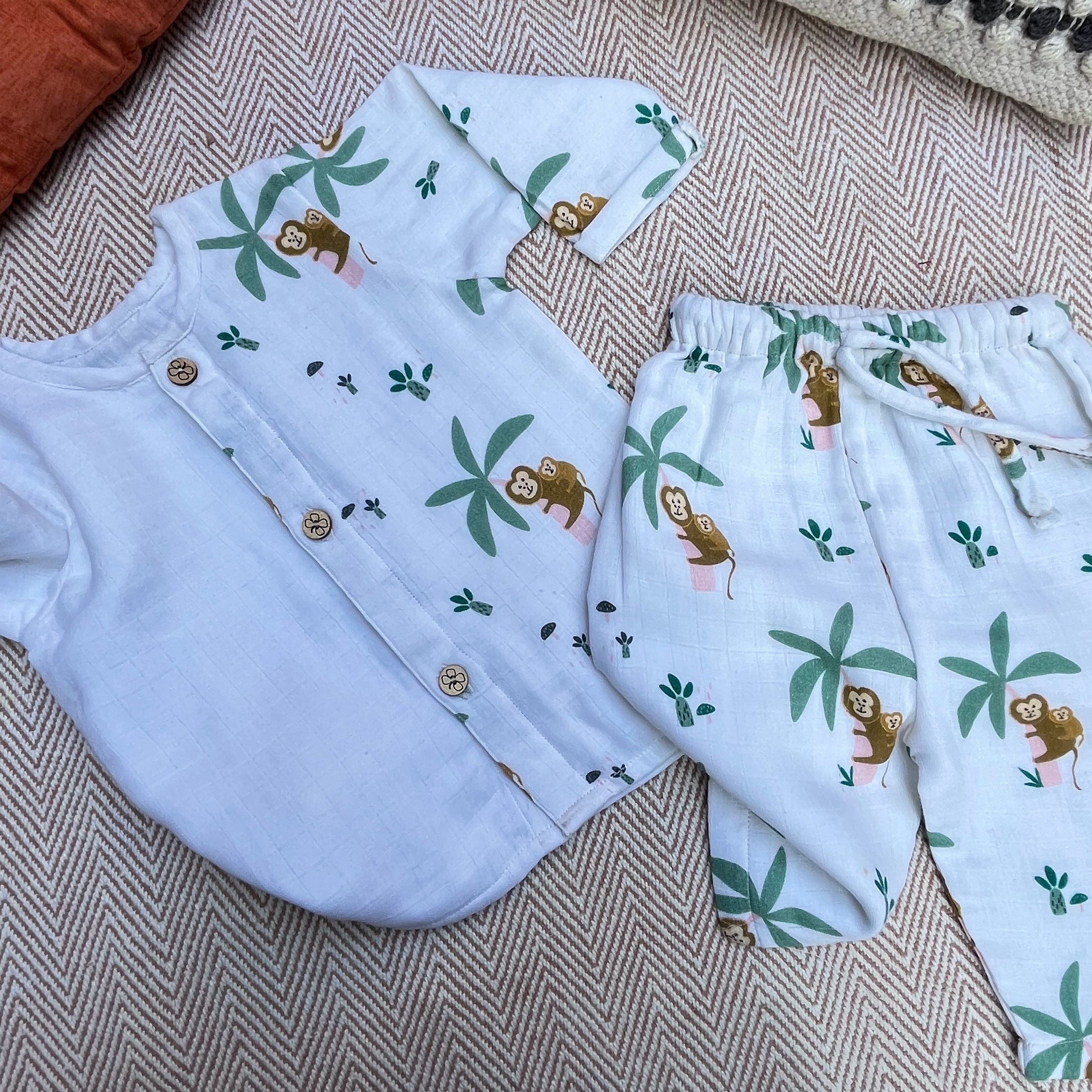 Bhaakur Muslin Full Sleeves Jhabla Set - Monkeying around - MU - SET - W - MON - 3 - 6 Months