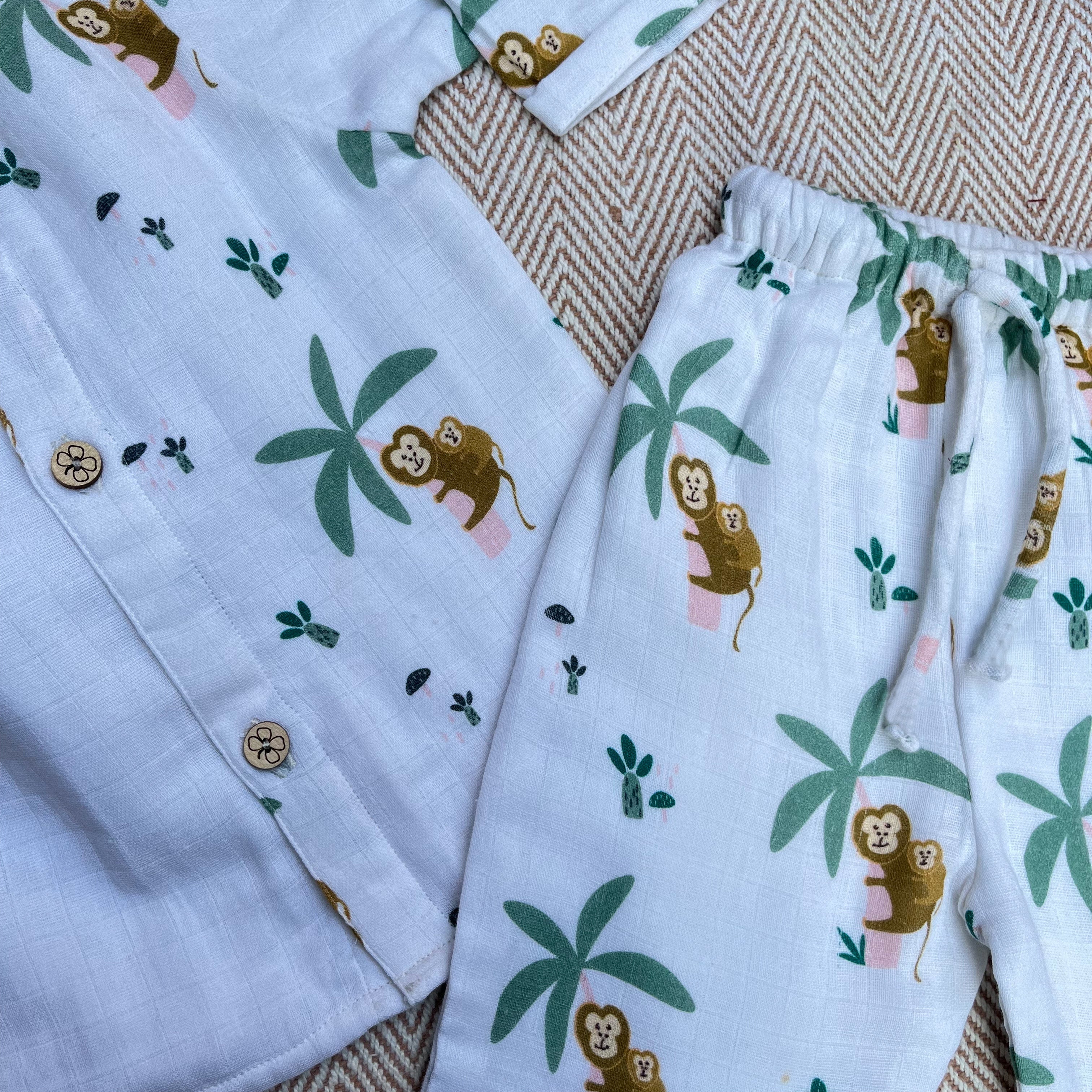 Bhaakur Muslin Full Sleeves Jhabla Set - Monkeying around - MU - SET - W - MON - 3 - 6 Months