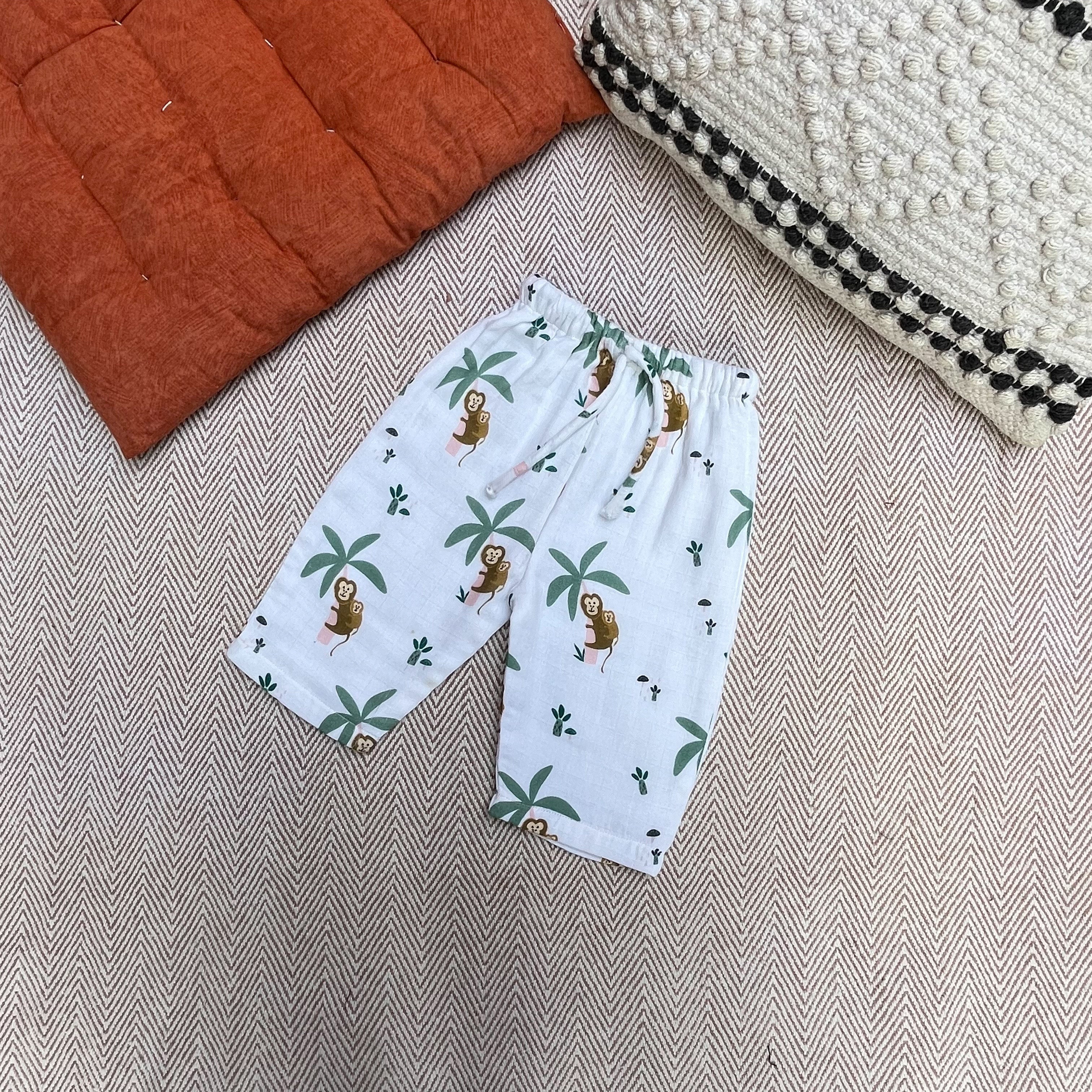 Bhaakur Muslin Full Sleeves Jhabla Set - Monkeying around - MU - SET - W - MON - 3 - 6 Months