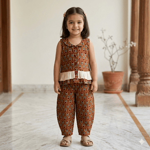 Bhaakur Organic Cotton Brown Floral Co-ord Set | The Mom Store - 0-6 months Top Bottom Set