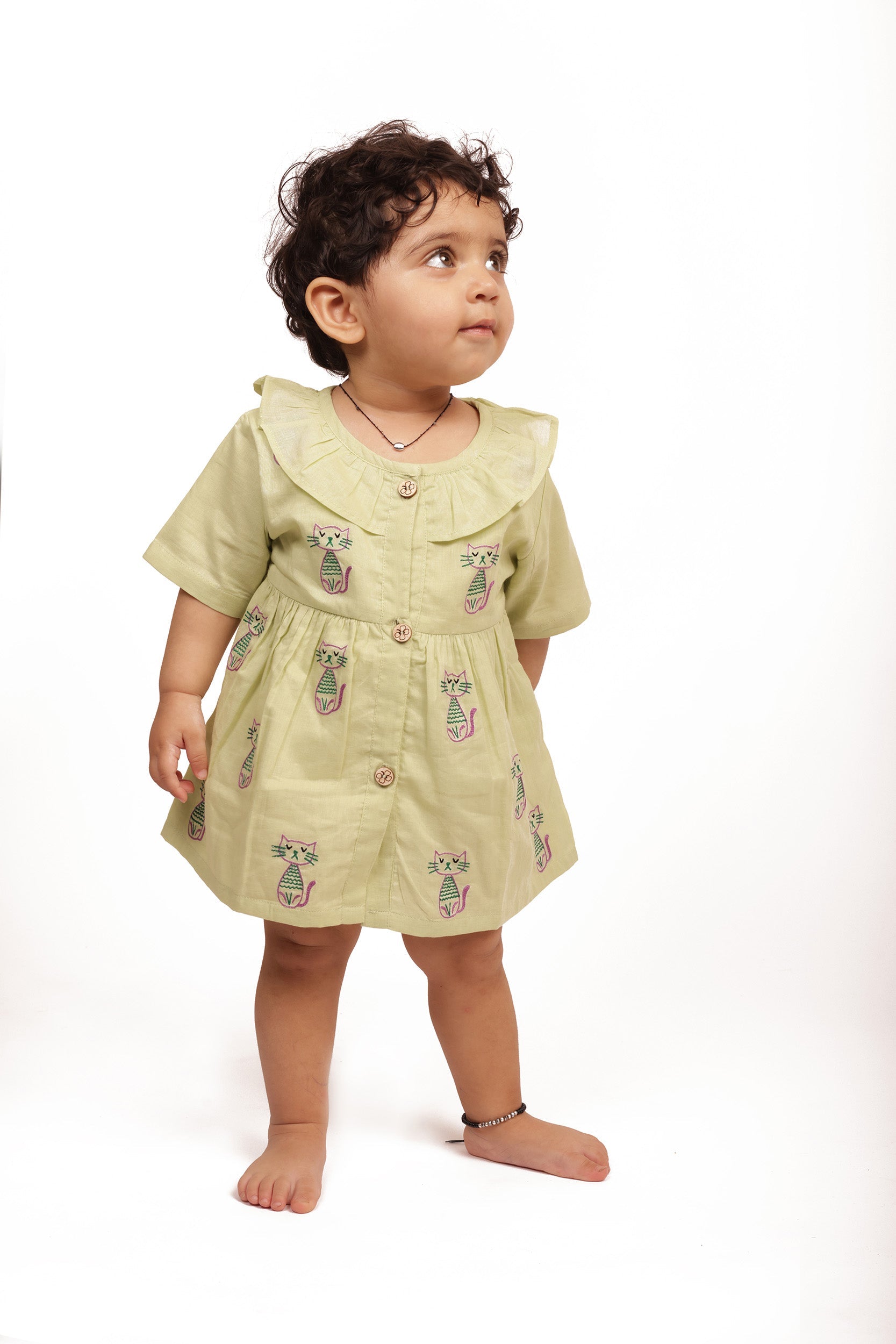 Bhaakur Organic Cotton Frock Infants And Toddlers Cat - Green - FROCK - CAT - EMB - 3 - 6M