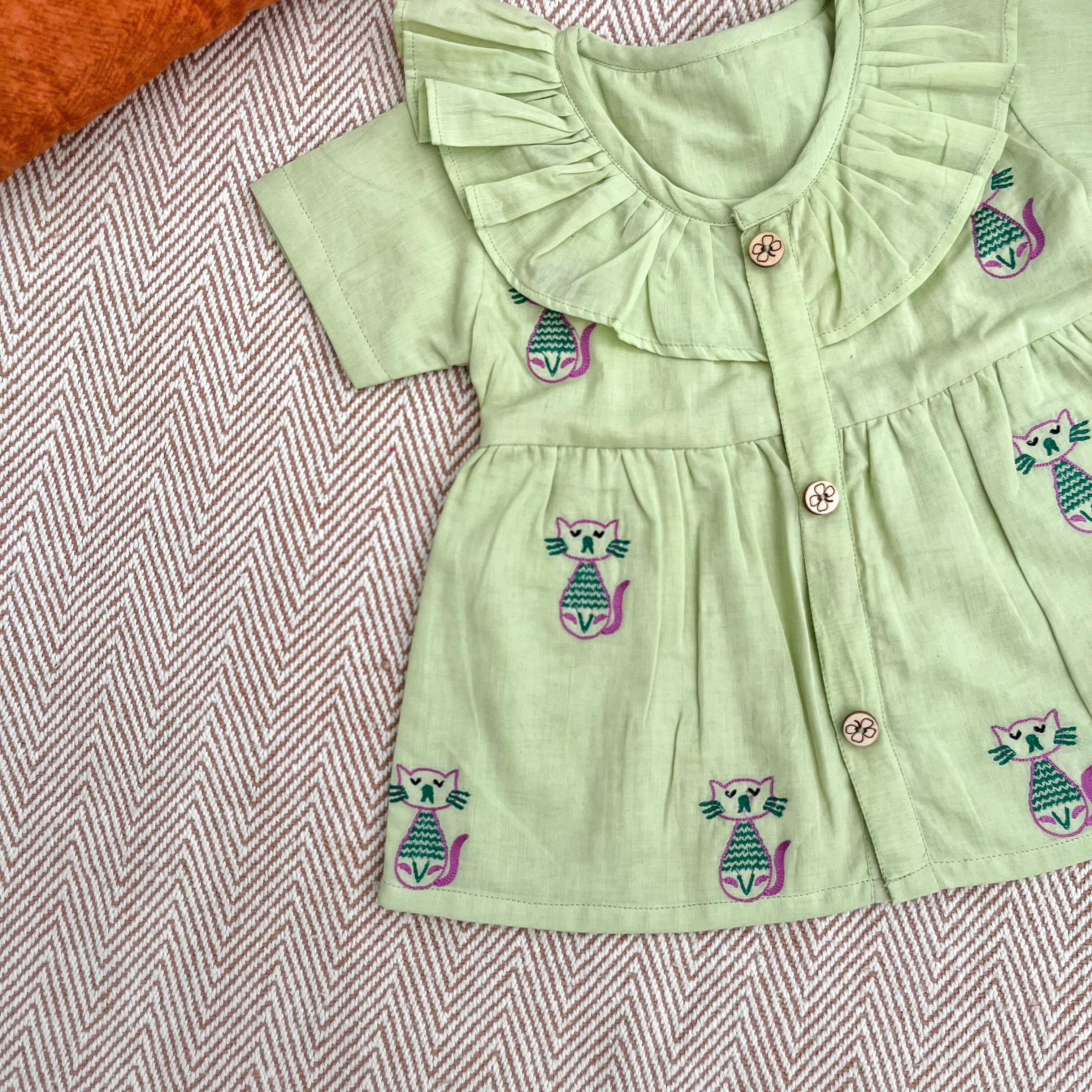 Bhaakur Organic Cotton Frock Infants And Toddlers Cat - Green - FROCK - CAT - EMB - 3 - 6M