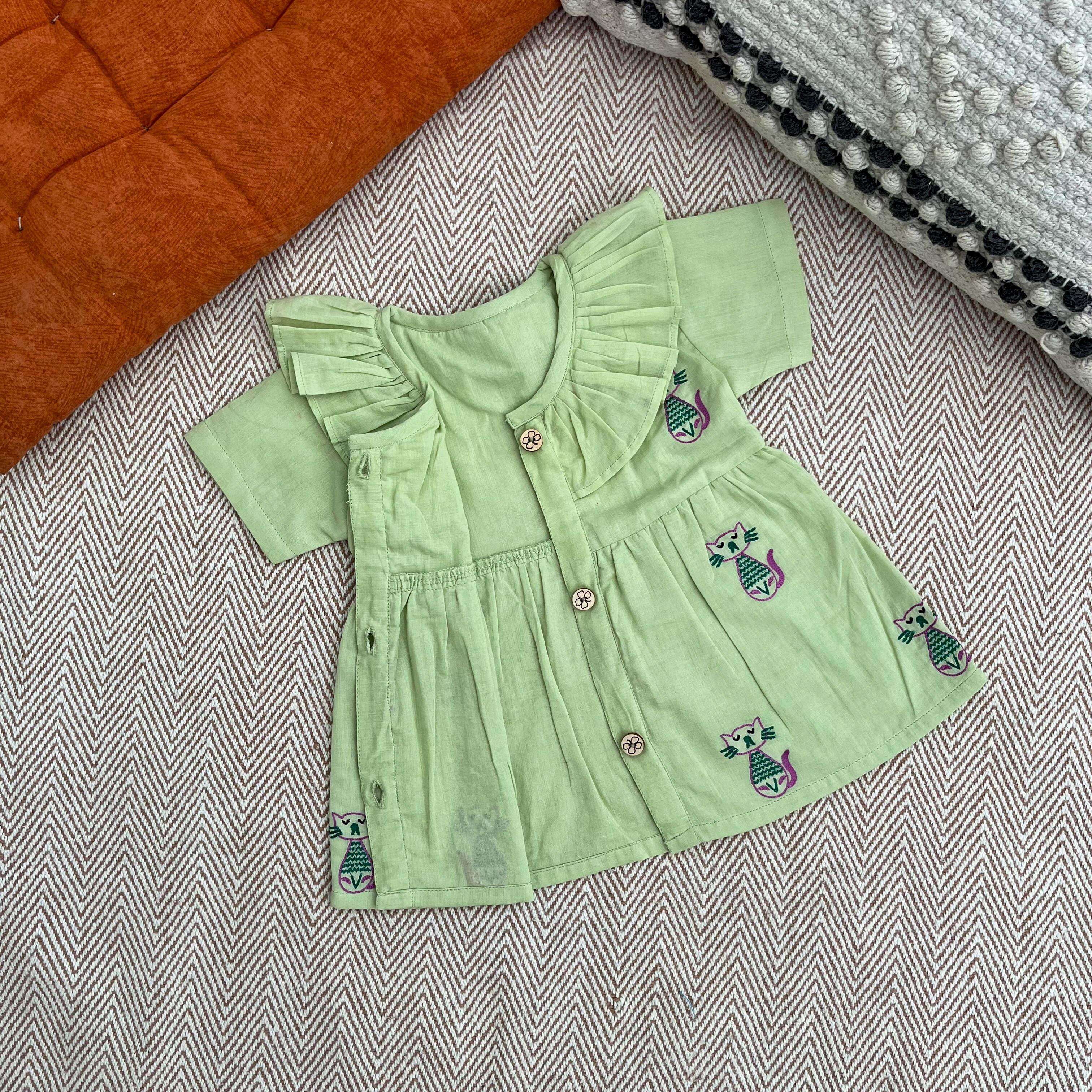 Bhaakur Organic Cotton Frock Infants And Toddlers Cat - Green - FROCK - CAT - EMB - 3 - 6M