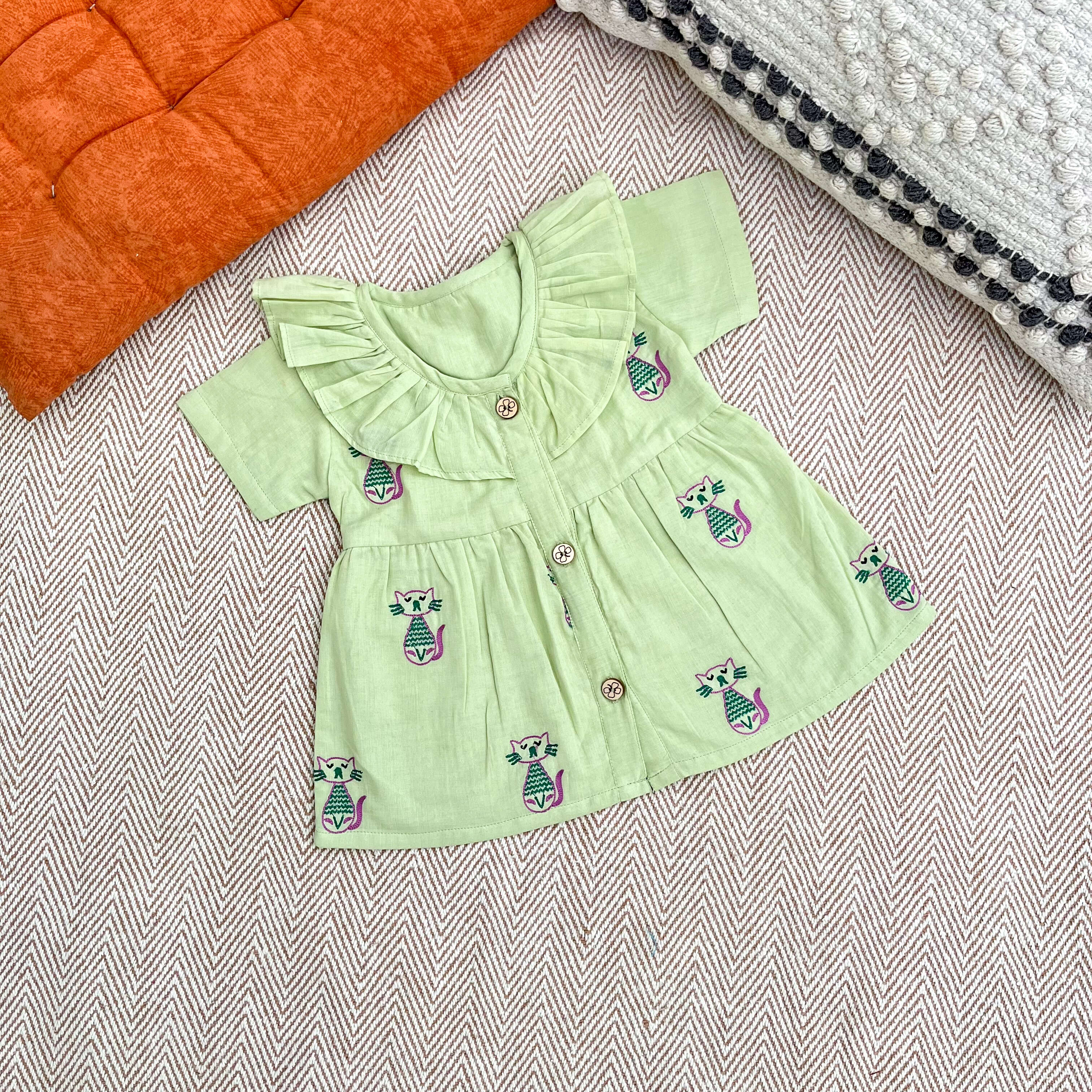 Bhaakur Organic Cotton Frock Infants And Toddlers Cat - Green - FROCK - CAT - EMB - 3 - 6M