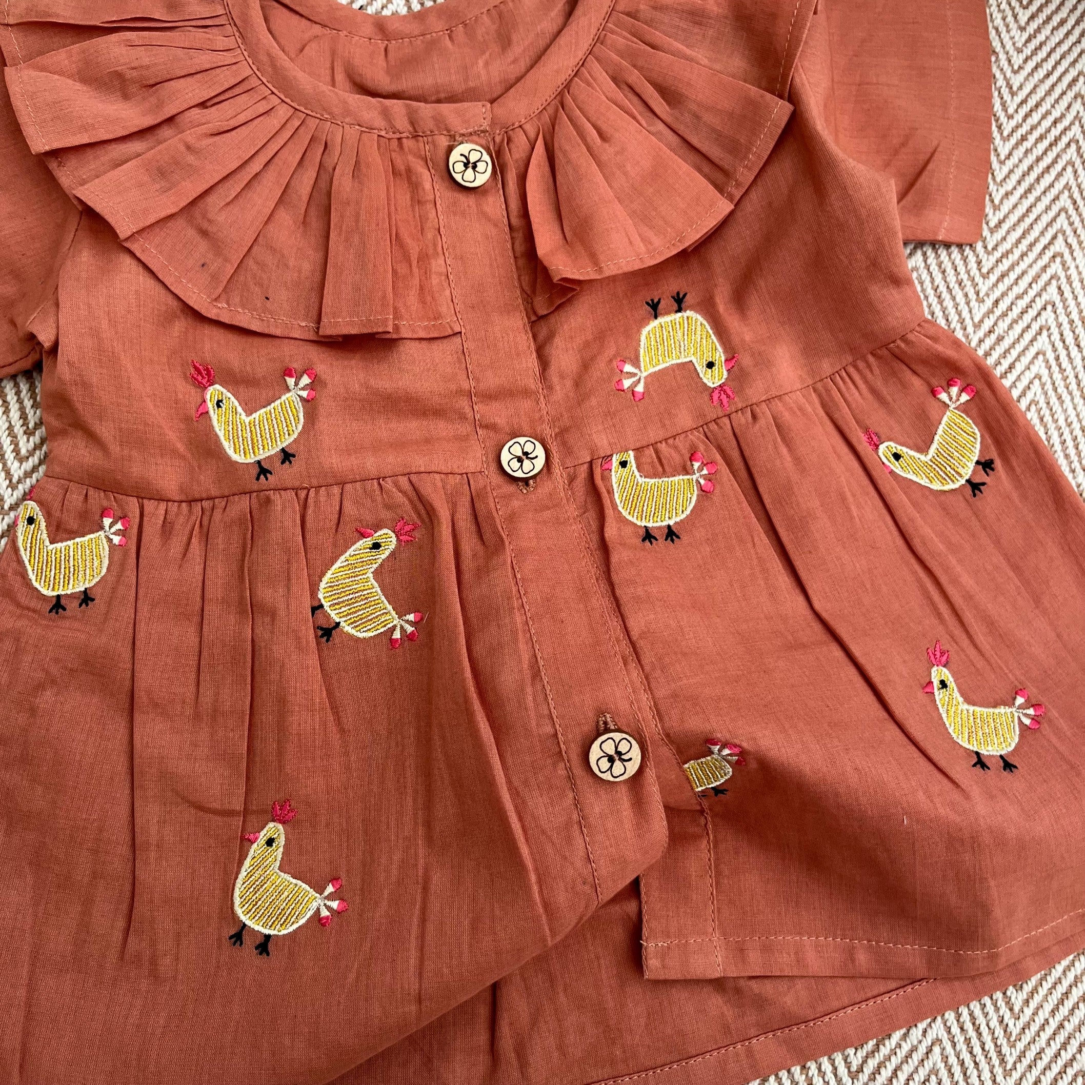Bhaakur Organic Cotton Frock Infants And Toddlers Hen - Salmon - FROCK - HEN - EMB - 3 - 6M