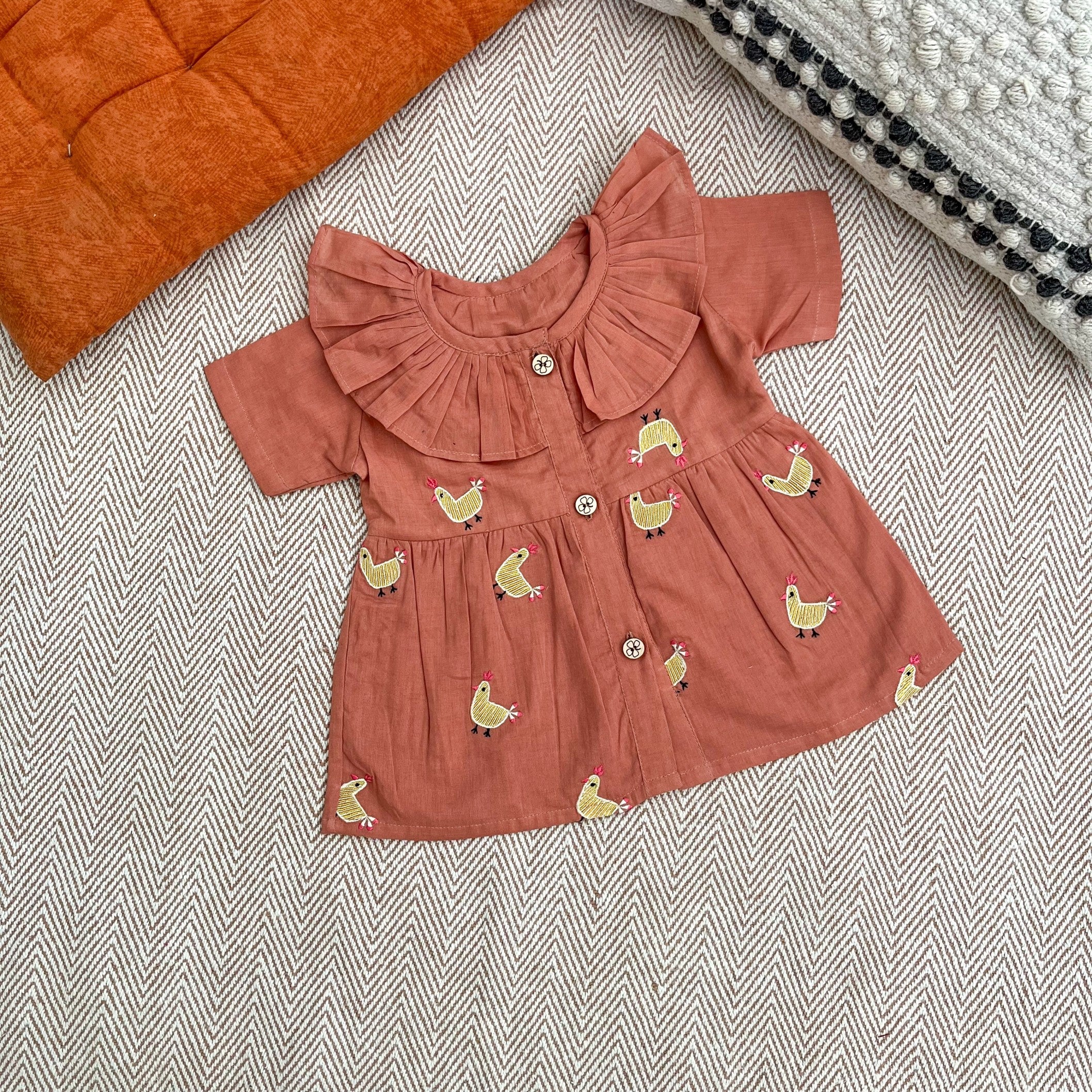Bhaakur Organic Cotton Frock Infants And Toddlers Hen - Salmon - FROCK - HEN - EMB - 3 - 6M