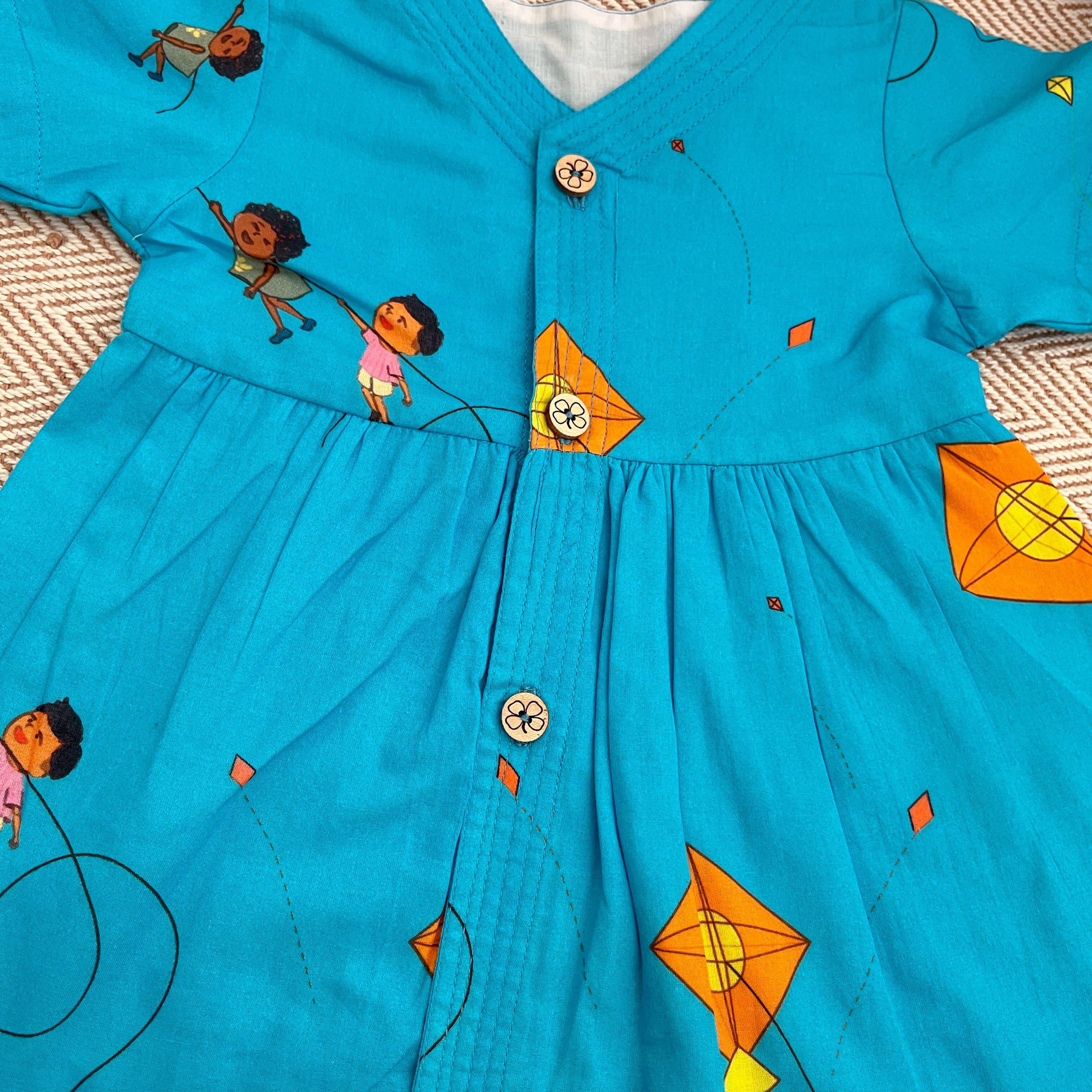 Bhaakur Organic Cotton Frock Infants And Toddlers Kite Print - Blue - FROCK - KITE - PRINT - 3 - 6M