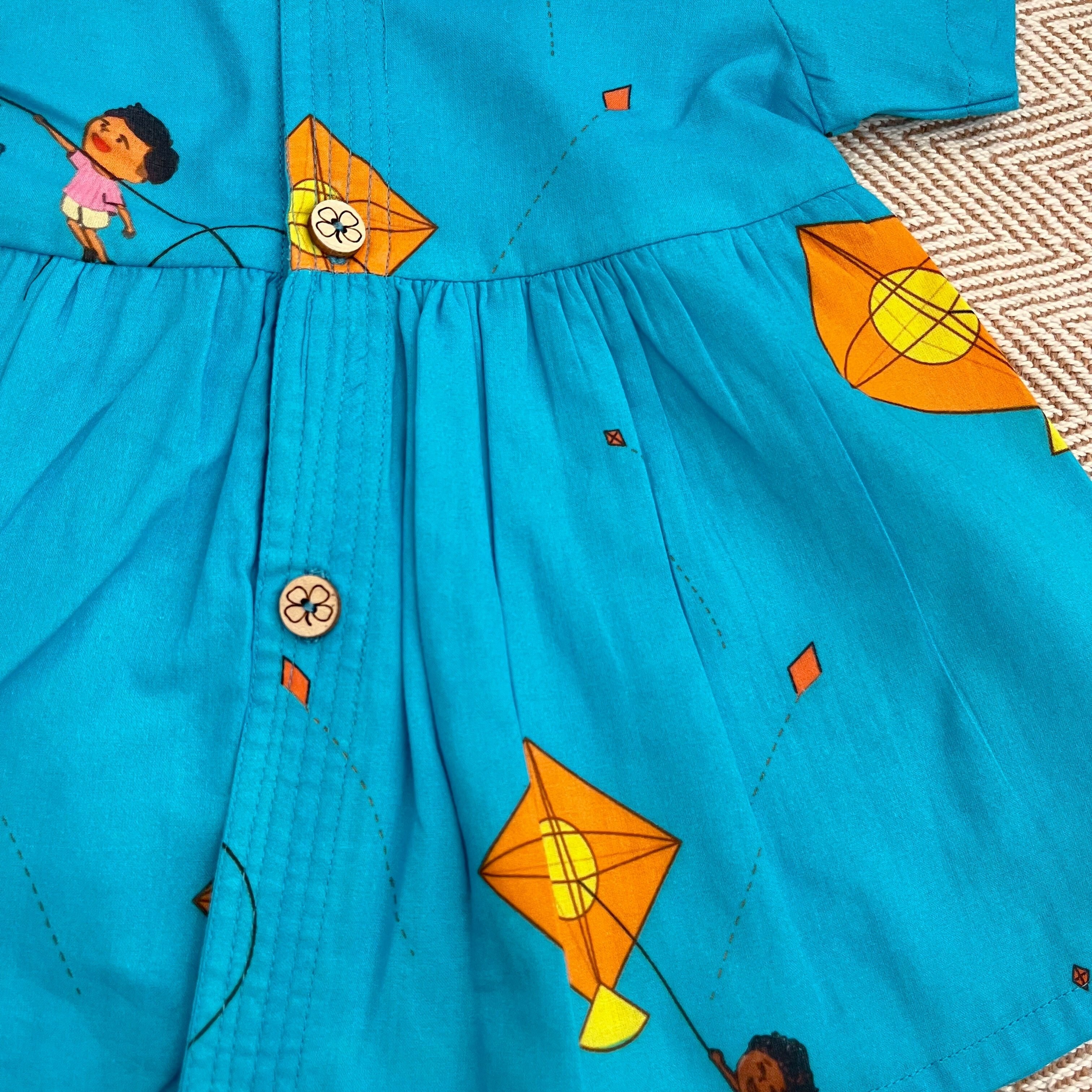 Bhaakur Organic Cotton Frock Infants And Toddlers Kite Print - Blue - FROCK - KITE - PRINT - 3 - 6M