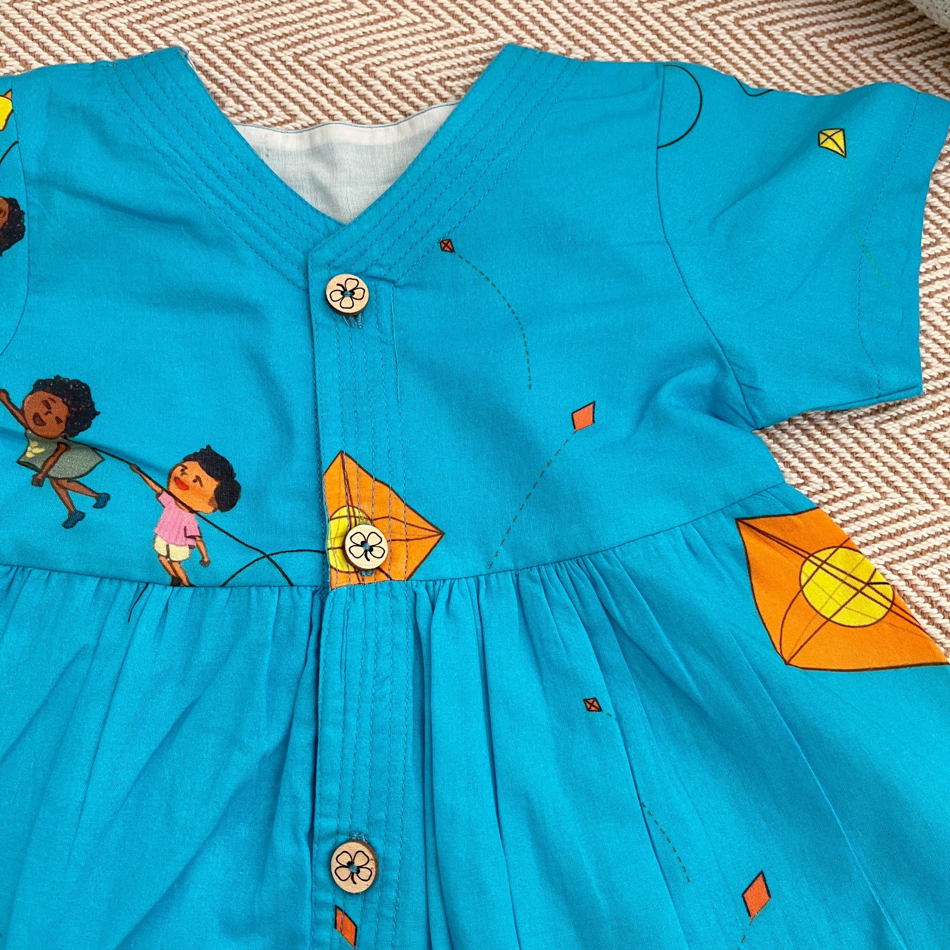Bhaakur Organic Cotton Frock Infants And Toddlers Kite Print - Blue - FROCK - KITE - PRINT - 3 - 6M