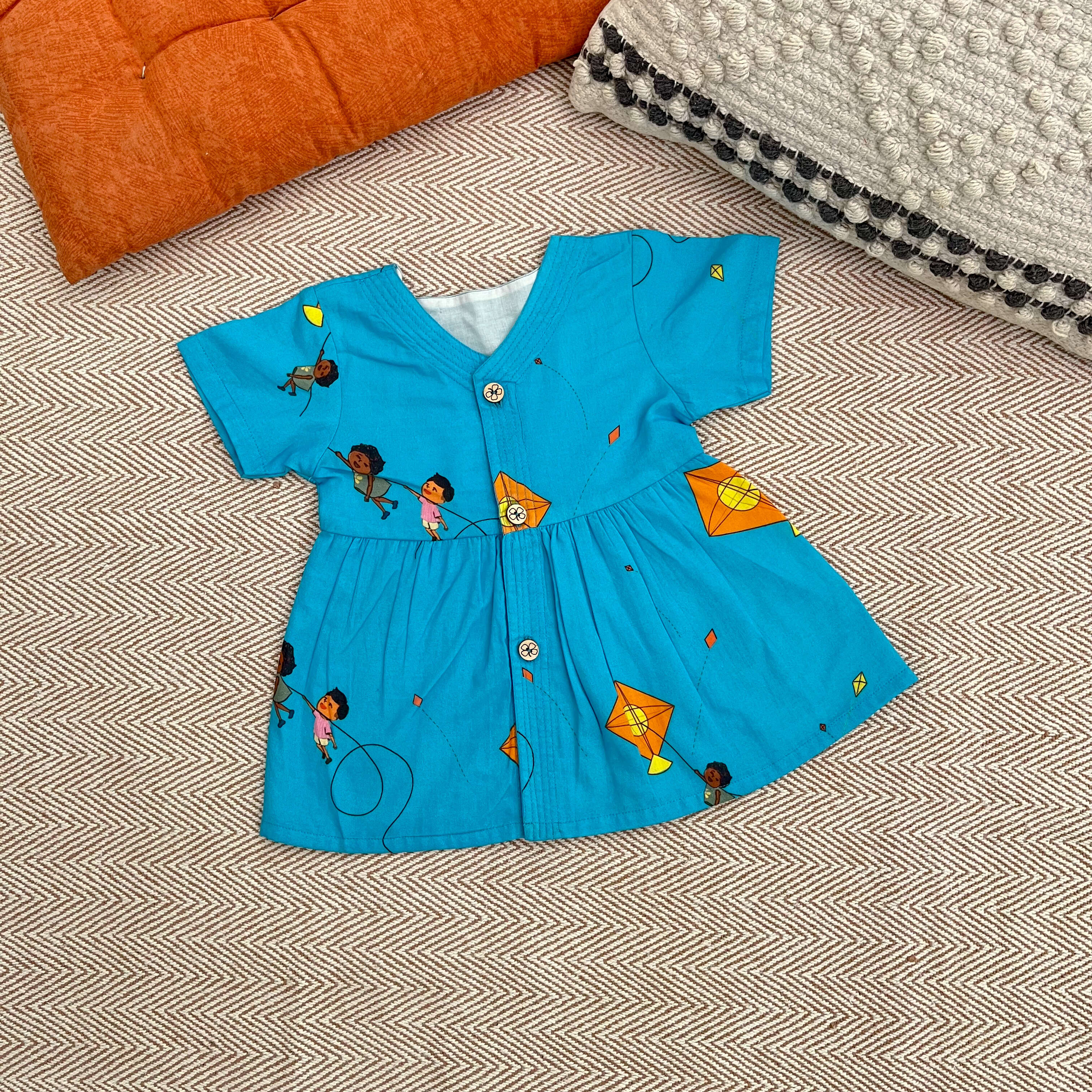 Bhaakur Organic Cotton Frock Infants And Toddlers Kite Print - Blue - FROCK - KITE - PRINT - 3 - 6M