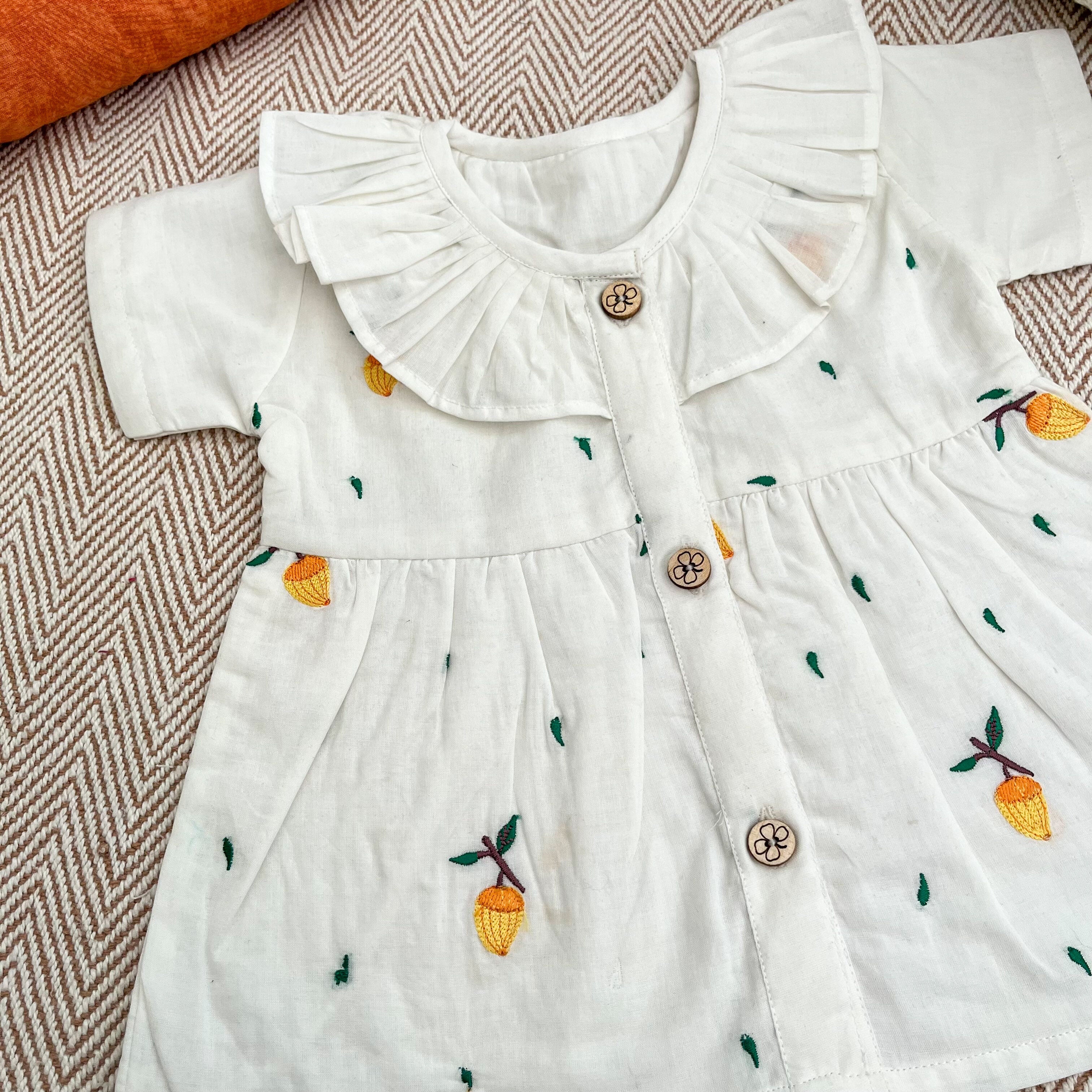 Bhaakur Organic Cotton Frock Infants And Toddlers Mango - White - FROCK - MAN - EMB - 3 - 6M