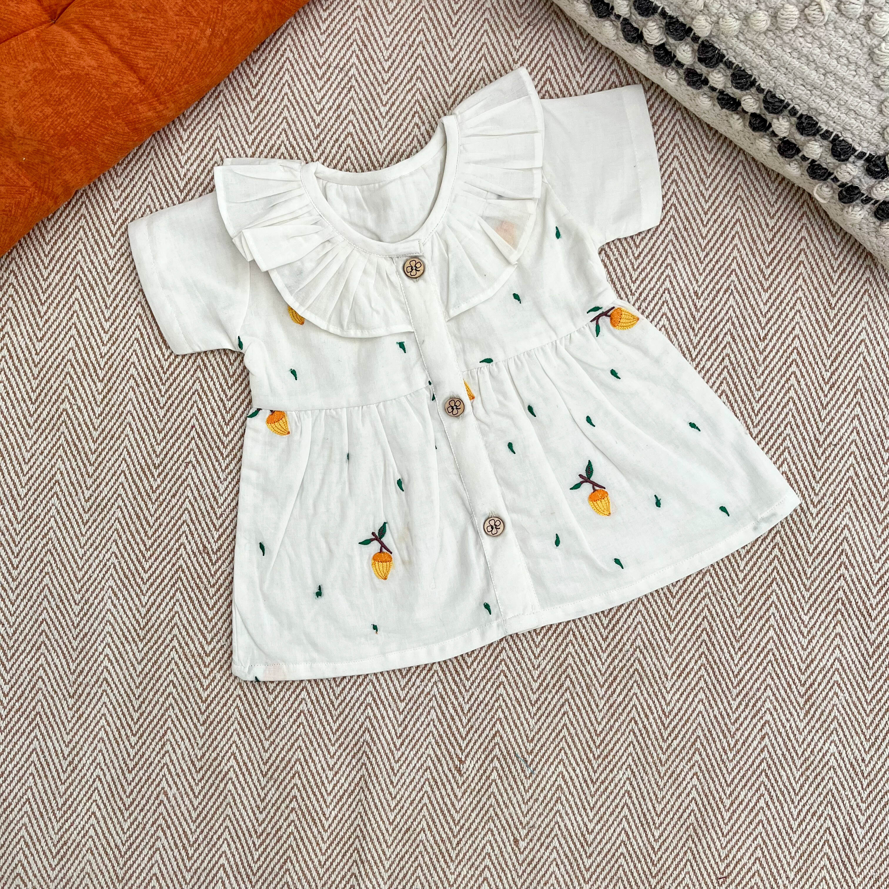 Bhaakur Organic Cotton Frock Infants And Toddlers Mango - White - FROCK - MAN - EMB - 3 - 6M