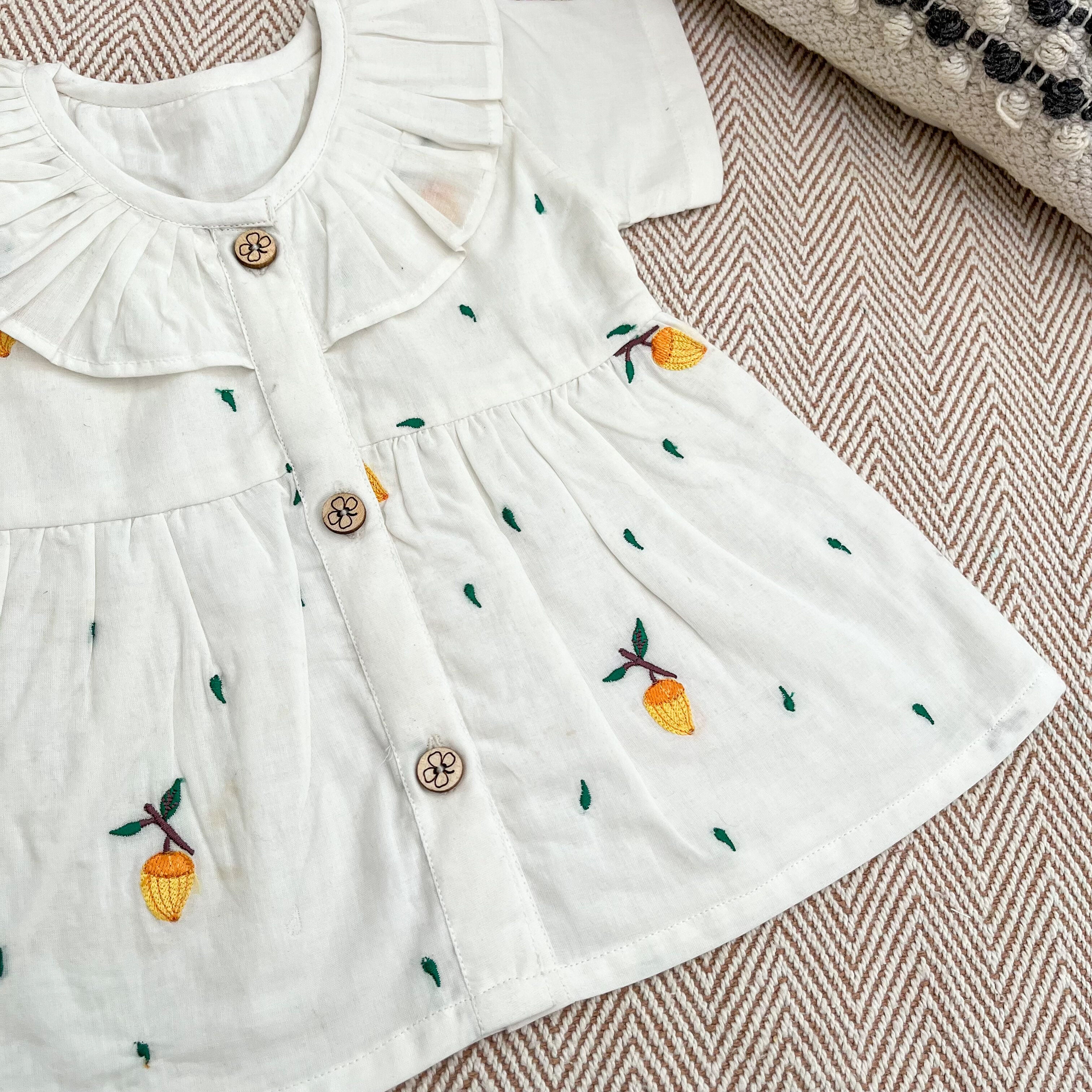 Bhaakur Organic Cotton Frock Infants And Toddlers Mango - White - FROCK - MAN - EMB - 3 - 6M