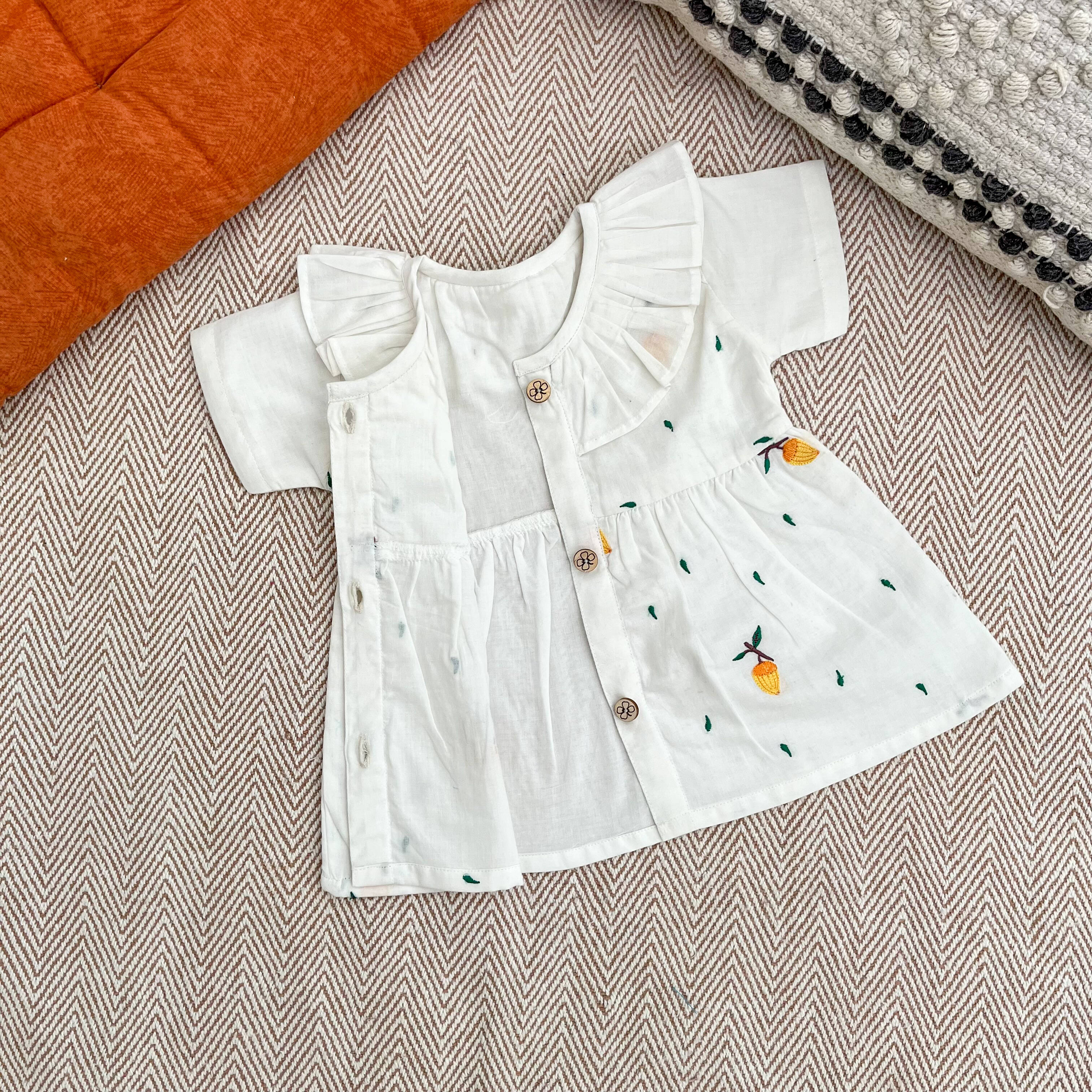 Bhaakur Organic Cotton Frock Infants And Toddlers Mango - White - FROCK - MAN - EMB - 3 - 6M