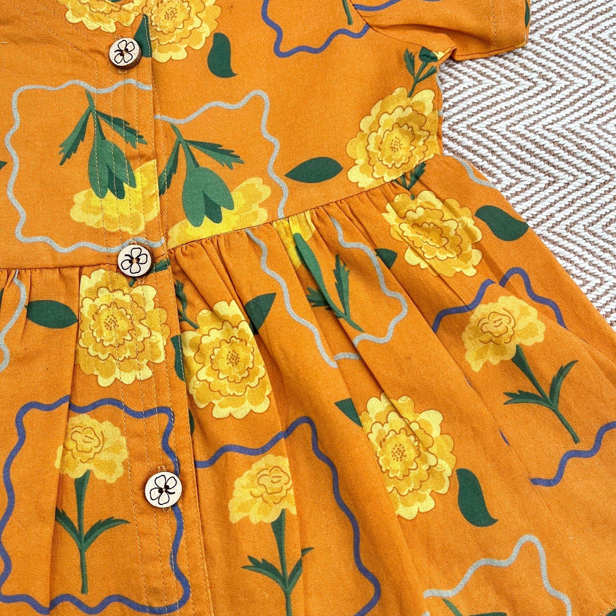 Bhaakur Organic Cotton Frock Infants And Toddlers Marigold Orange - FROCK - MARIGOLD - O - PRINT - 3 - 6M