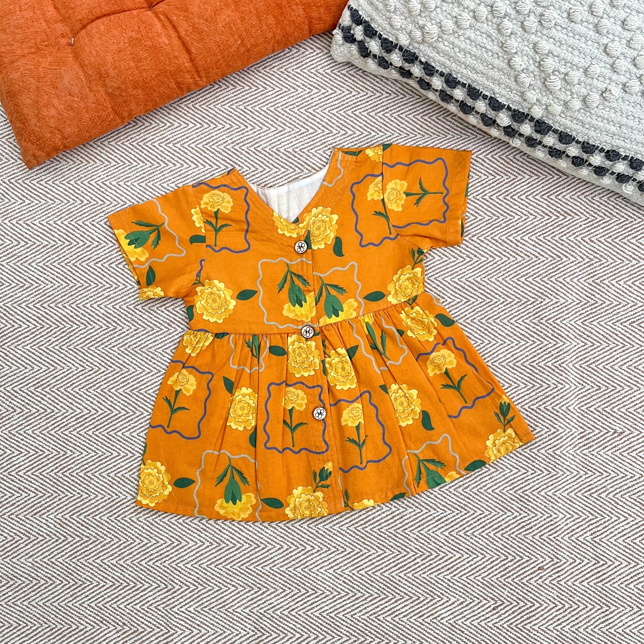 Bhaakur Organic Cotton Frock Infants And Toddlers Marigold Orange - FROCK - MARIGOLD - O - PRINT - 3 - 6M