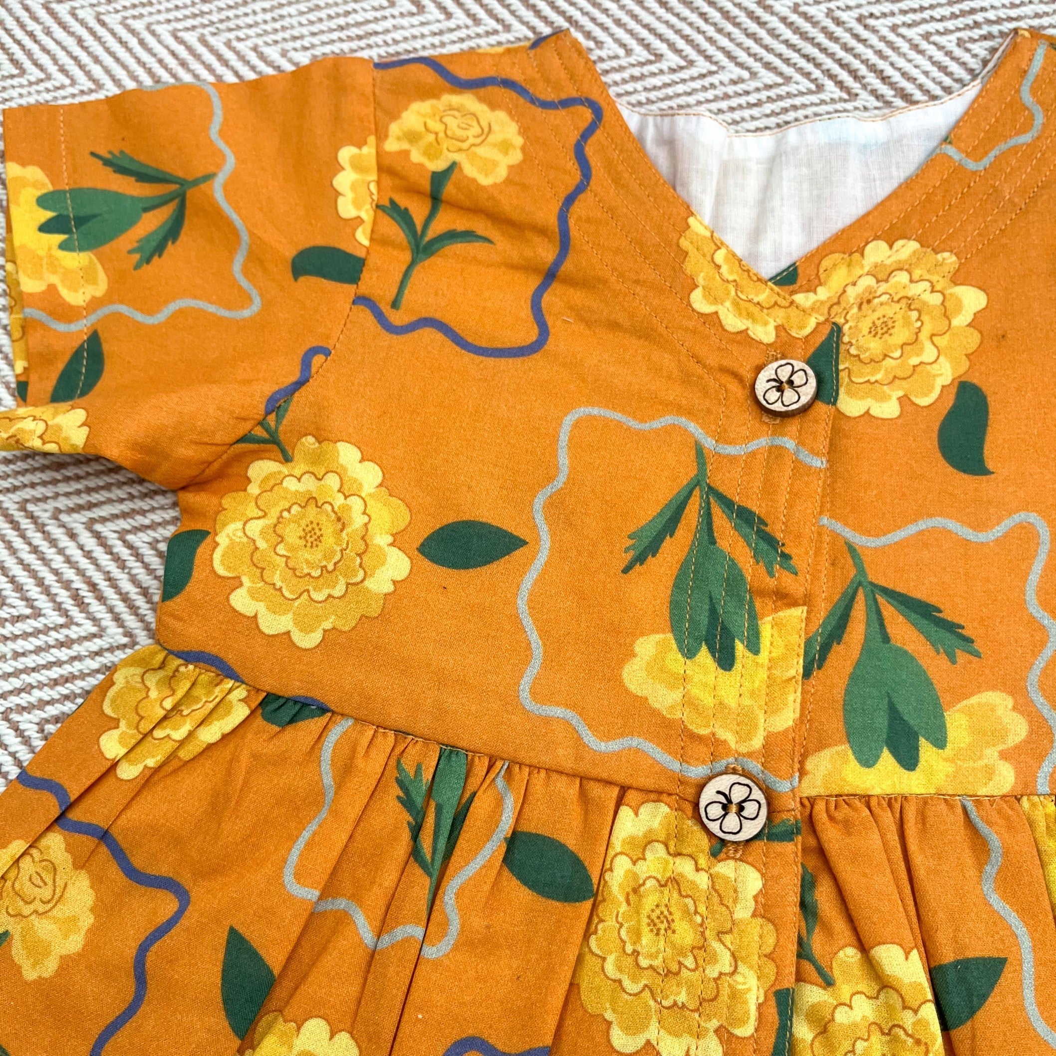 Bhaakur Organic Cotton Frock Infants And Toddlers Marigold Orange - FROCK - MARIGOLD - O - PRINT - 3 - 6M