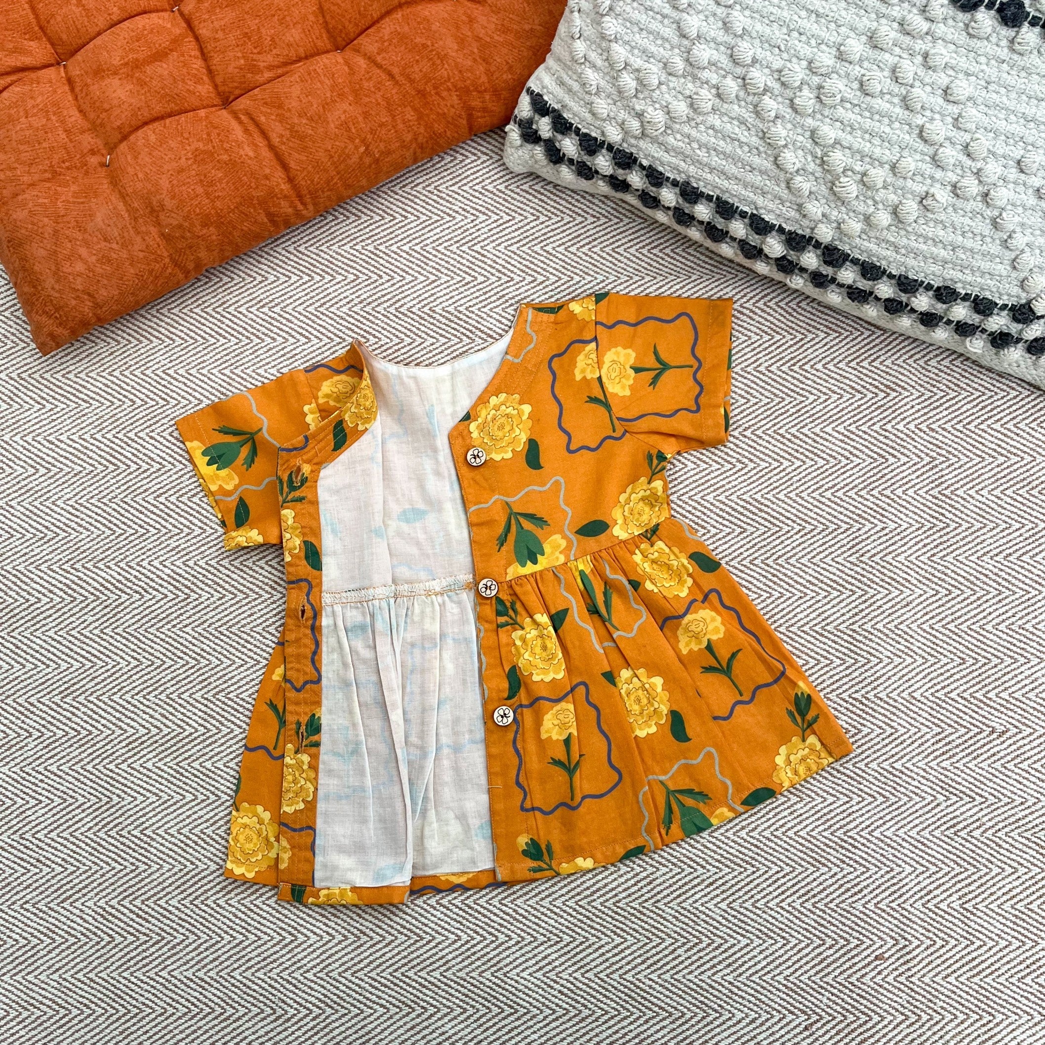 Bhaakur Organic Cotton Frock Infants And Toddlers Marigold Orange - FROCK - MARIGOLD - O - PRINT - 3 - 6M