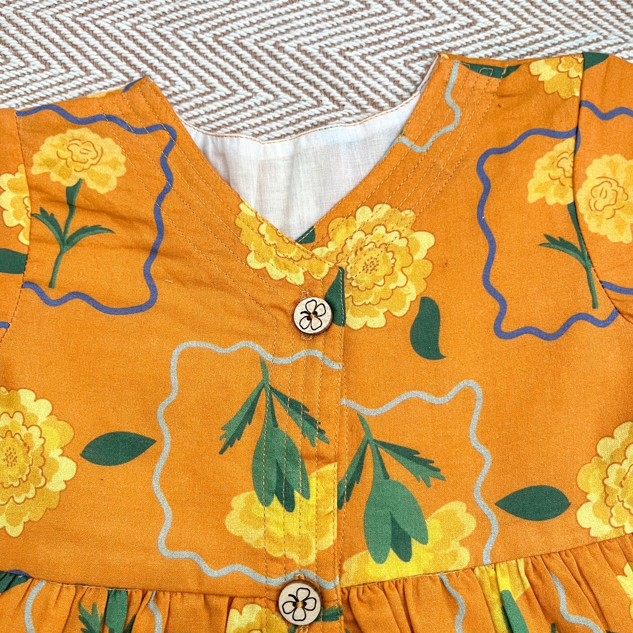 Bhaakur Organic Cotton Frock Infants And Toddlers Marigold Orange - FROCK - MARIGOLD - O - PRINT - 3 - 6M