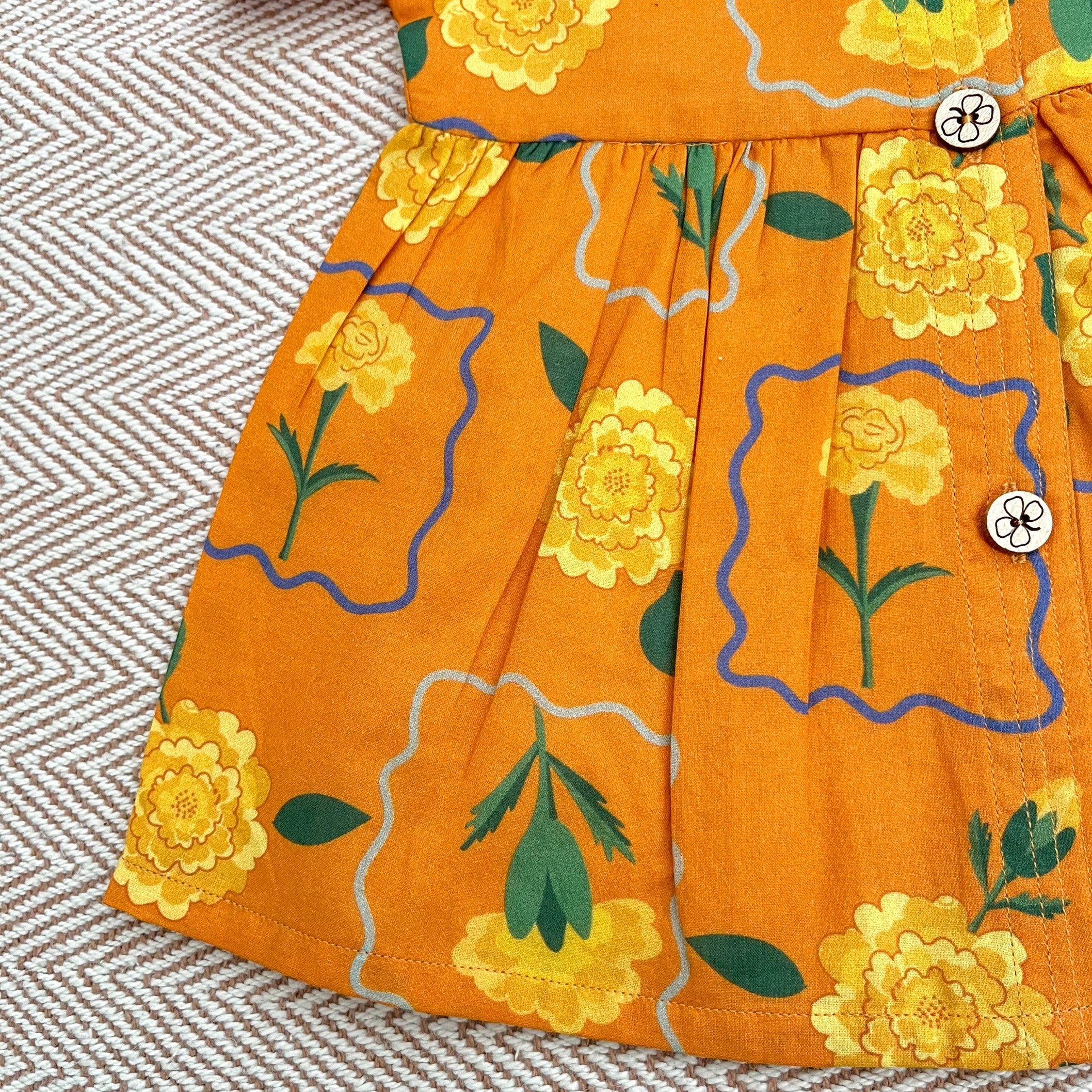 Bhaakur Organic Cotton Frock Infants And Toddlers Marigold Orange - FROCK - MARIGOLD - O - PRINT - 3 - 6M