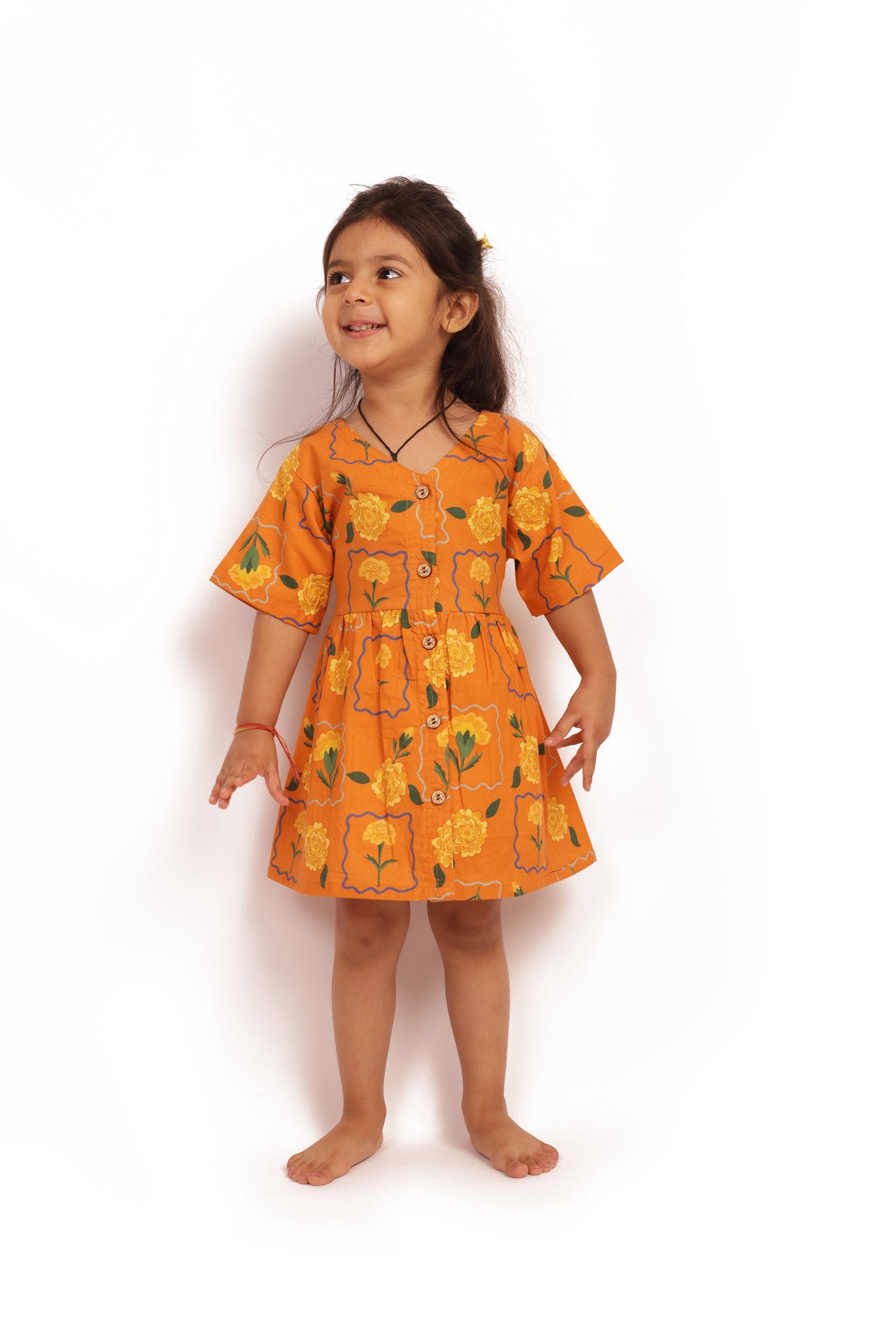 Bhaakur Organic Cotton Frock Infants And Toddlers Marigold Orange - FROCK - MARIGOLD - O - PRINT - 3 - 6M