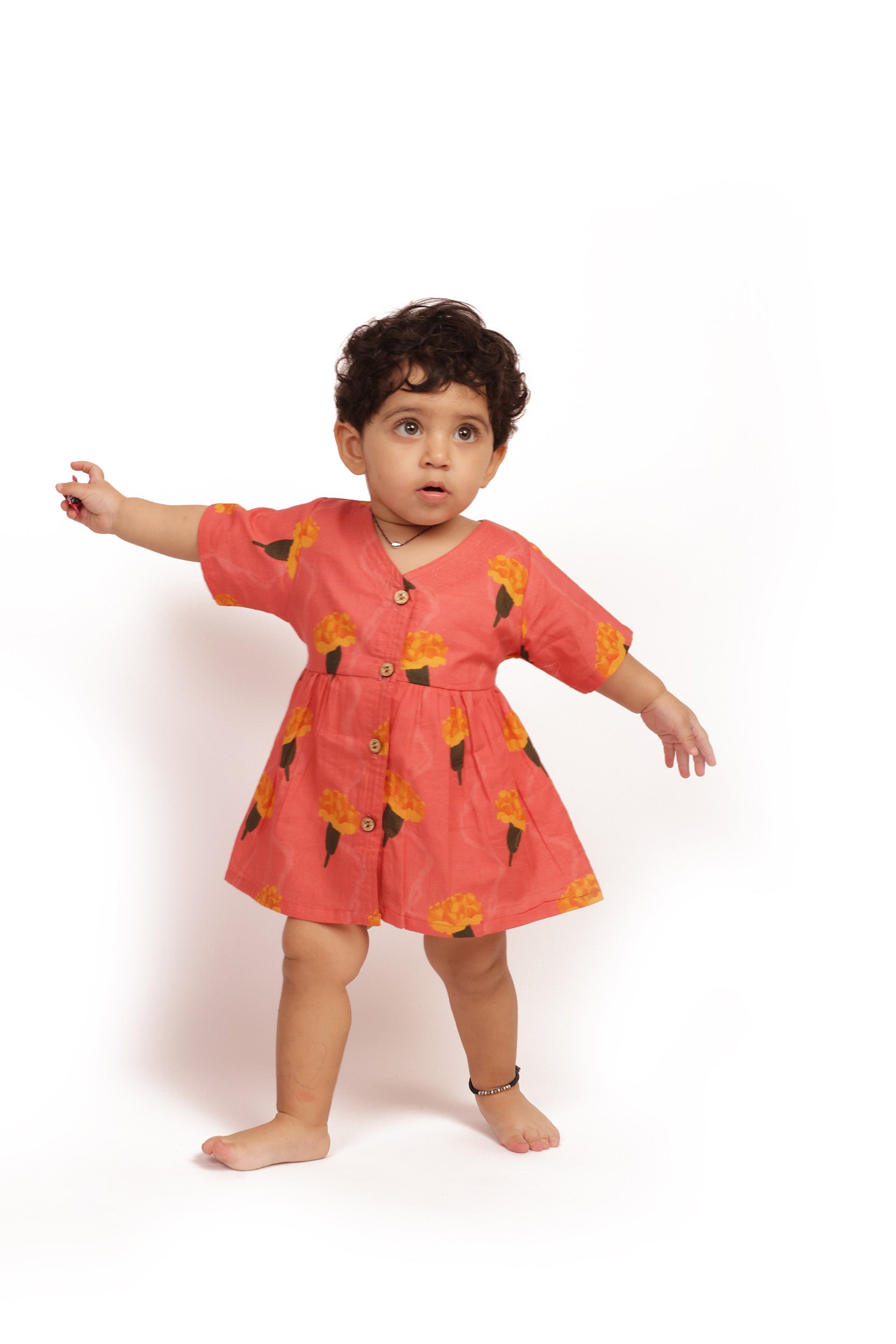 Bhaakur Organic Cotton Frock Infants And Toddlers Marigold Pink - FROCK - MARIGOLD - P - PRINT - 3 - 6M