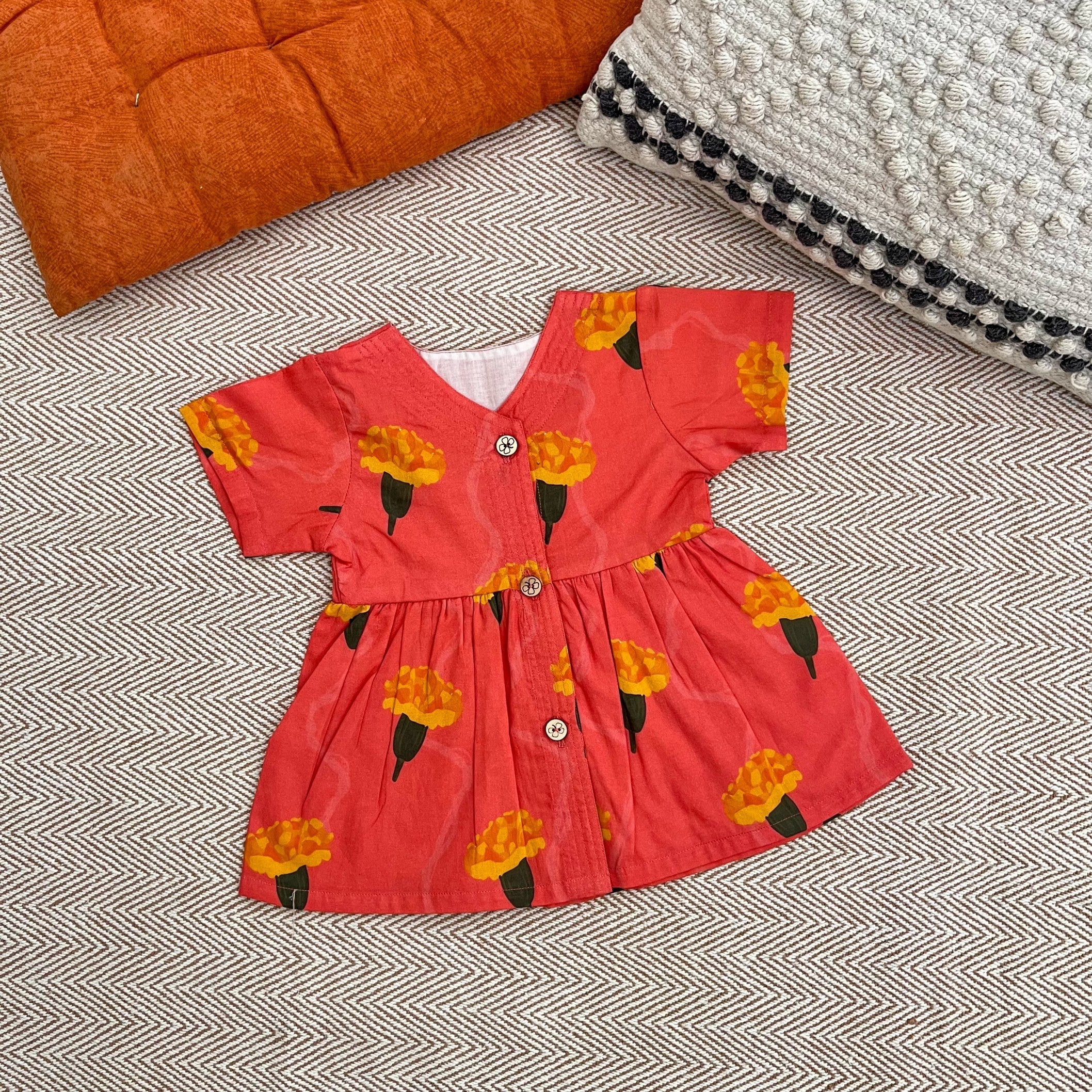 Bhaakur Organic Cotton Frock Infants And Toddlers Marigold Pink - FROCK - MARIGOLD - P - PRINT - 3 - 6M
