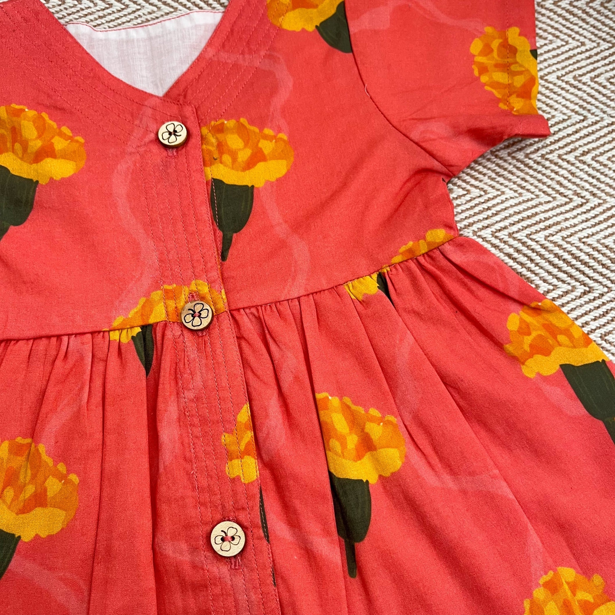 Bhaakur Organic Cotton Frock Infants And Toddlers Marigold Pink - FROCK - MARIGOLD - P - PRINT - 3 - 6M