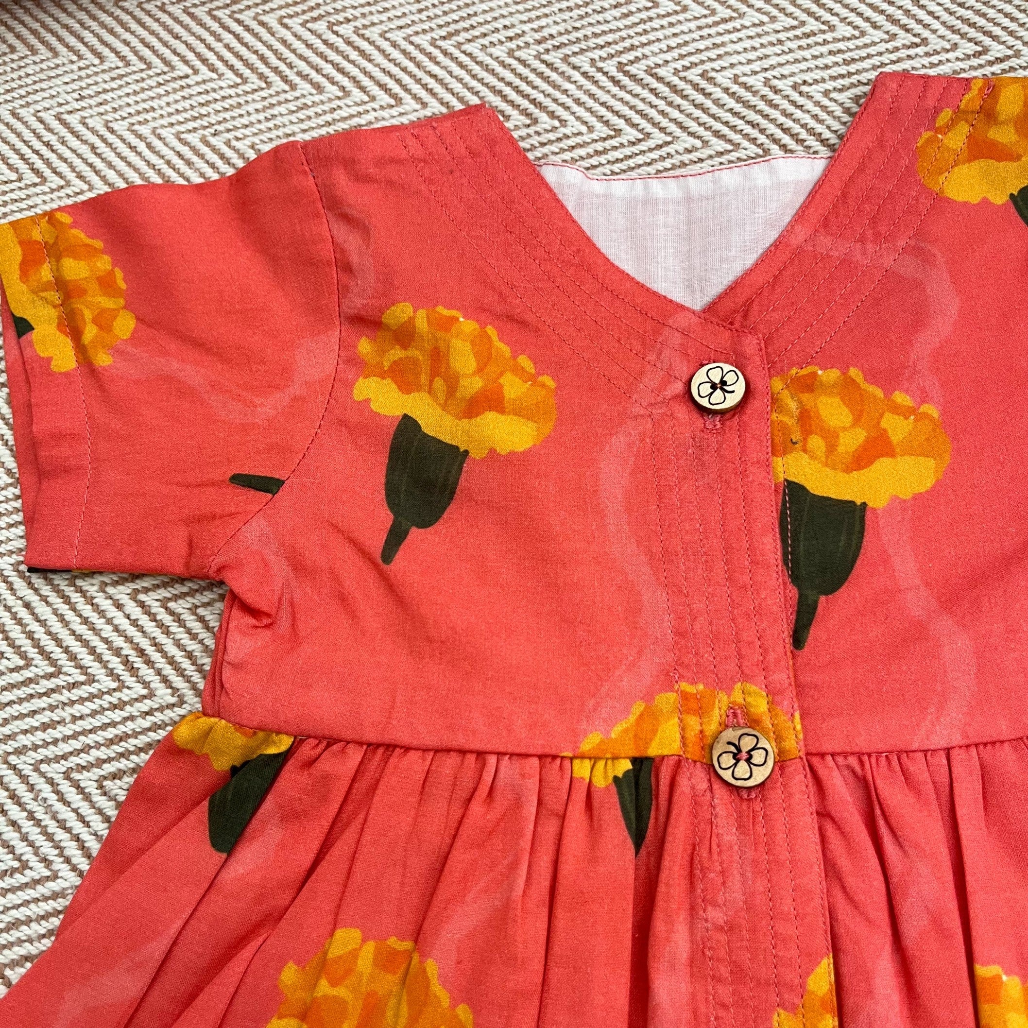 Bhaakur Organic Cotton Frock Infants And Toddlers Marigold Pink - FROCK - MARIGOLD - P - PRINT - 3 - 6M