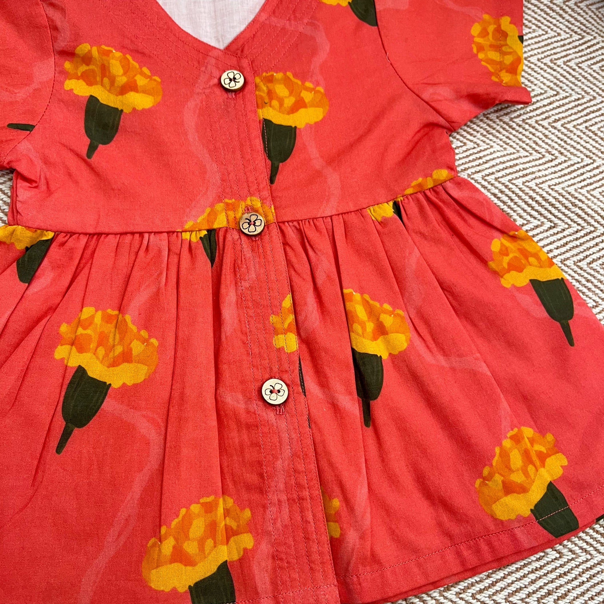 Bhaakur Organic Cotton Frock Infants And Toddlers Marigold Pink - FROCK - MARIGOLD - P - PRINT - 3 - 6M