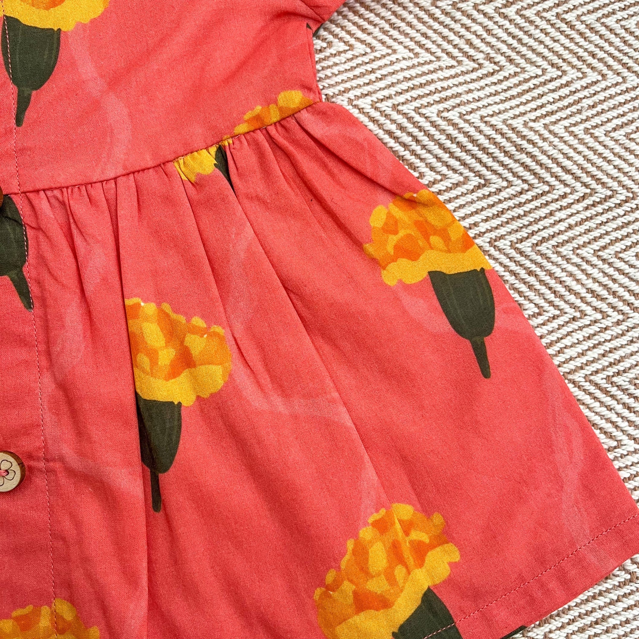 Bhaakur Organic Cotton Frock Infants And Toddlers Marigold Pink - FROCK - MARIGOLD - P - PRINT - 3 - 6M