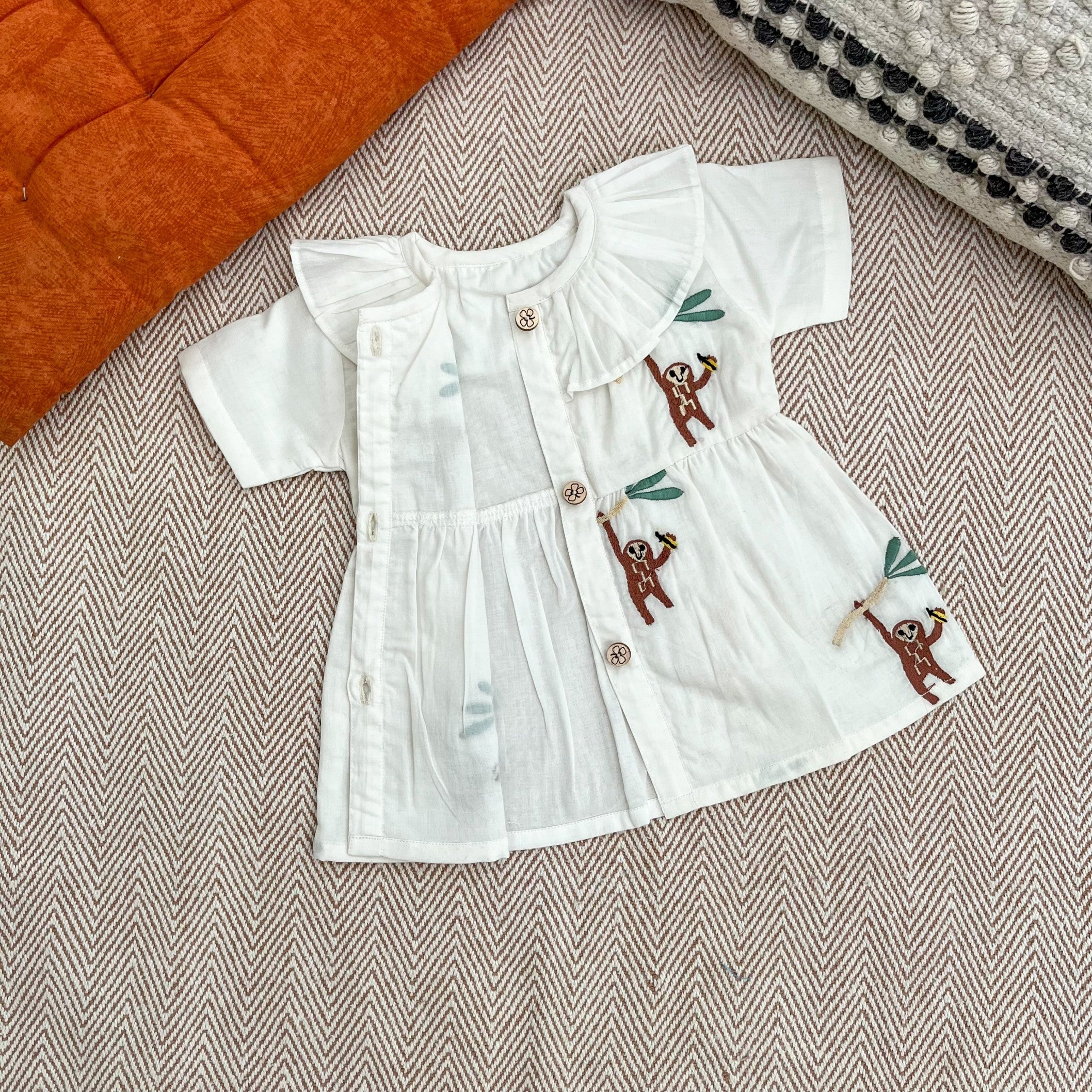 Bhaakur Organic Cotton Frock Infants And Toddlers Monkey - White - FROCK - MON - EMB - 3 - 6M