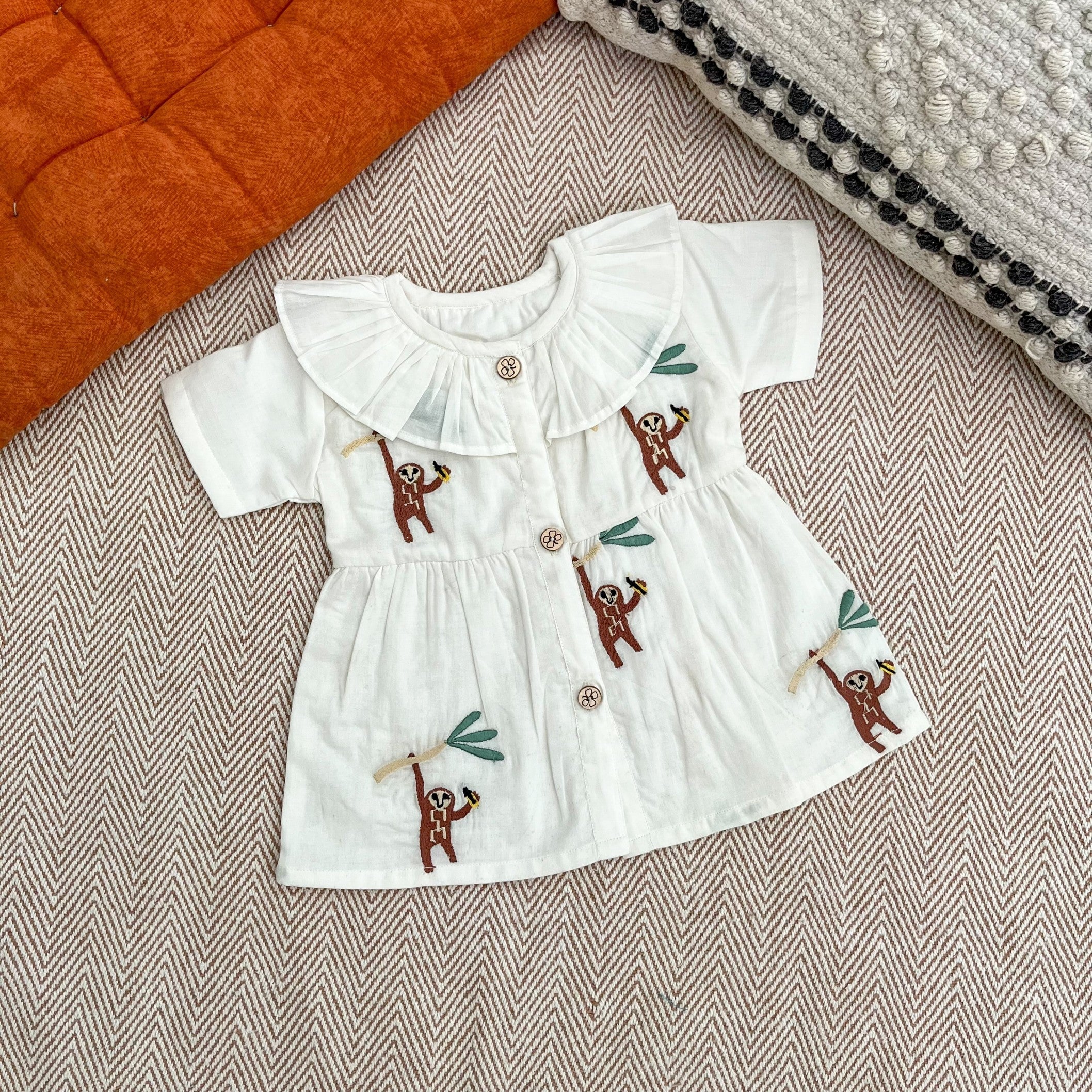 Bhaakur Organic Cotton Frock Infants And Toddlers Monkey - White - FROCK - MON - EMB - 3 - 6M