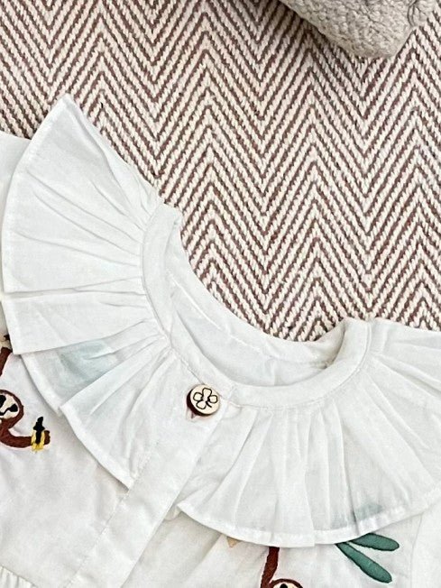 Bhaakur Organic Cotton Frock Infants And Toddlers Monkey - White - FROCK - MON - EMB - 3 - 6M