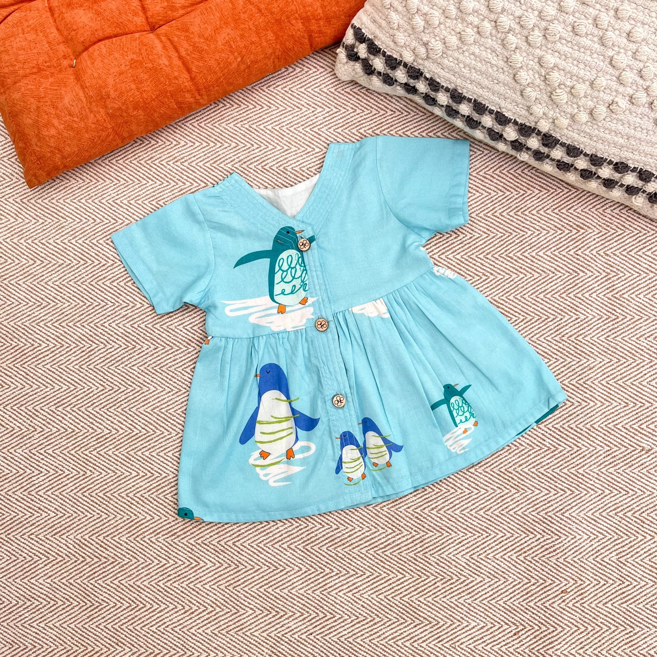 Bhaakur Organic Cotton Frock Infants And Toddlers Penguin Print - Blue - FROCK - PENGUIN - PRINT - 3 - 6M
