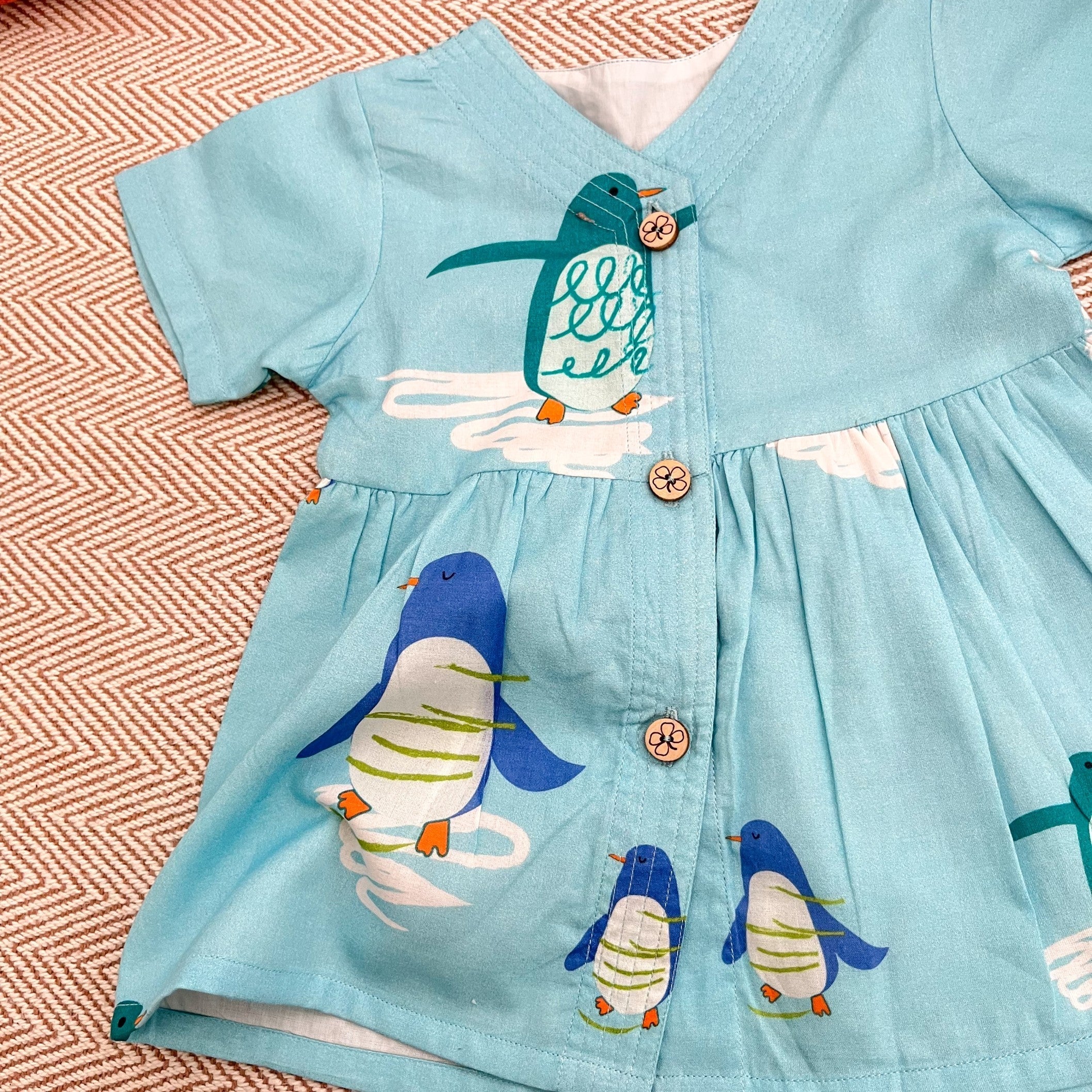Bhaakur Organic Cotton Frock Infants And Toddlers Penguin Print - Blue - FROCK - PENGUIN - PRINT - 3 - 6M