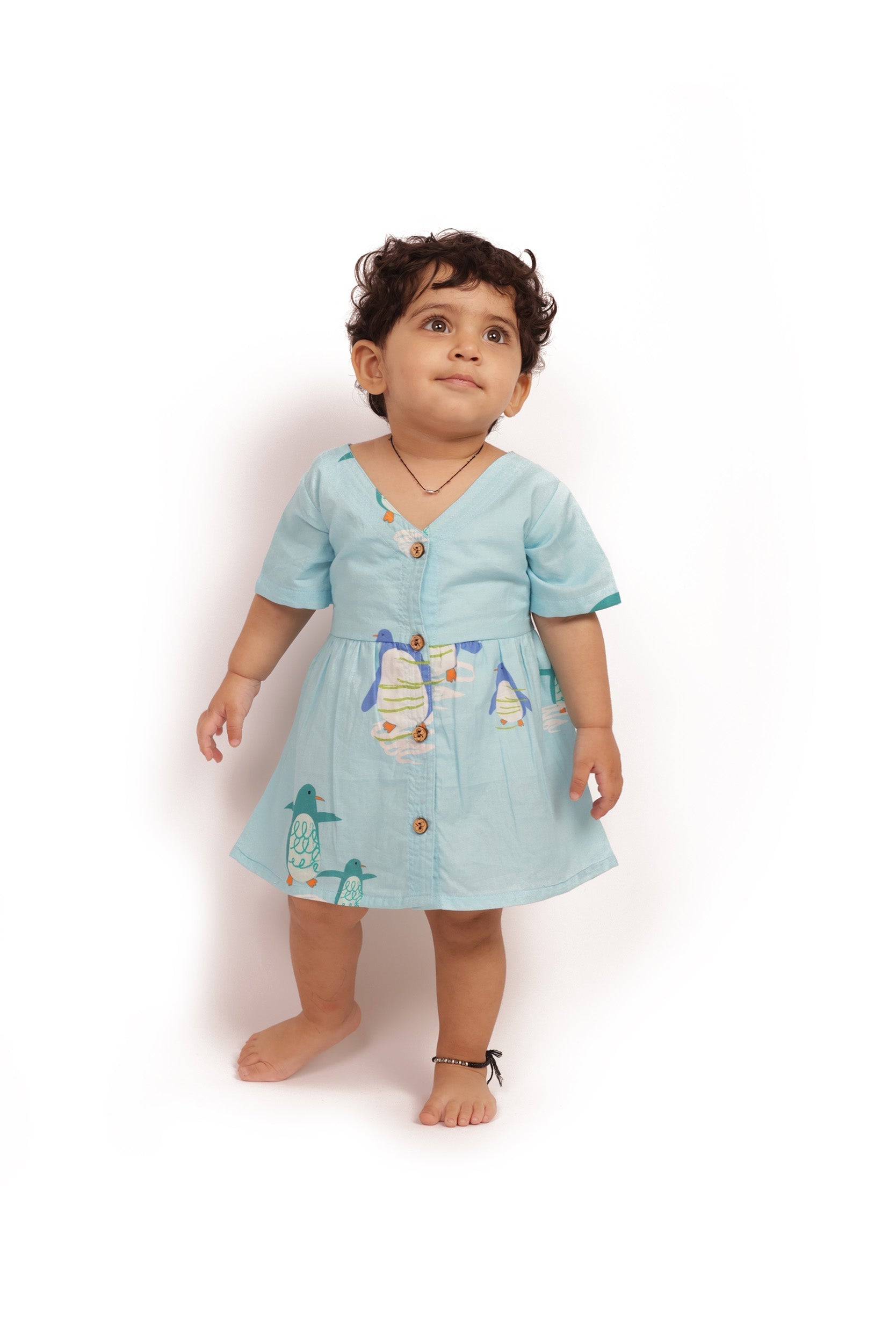Bhaakur Organic Cotton Frock Infants And Toddlers Penguin Print - Blue - FROCK - PENGUIN - PRINT - 3 - 6M