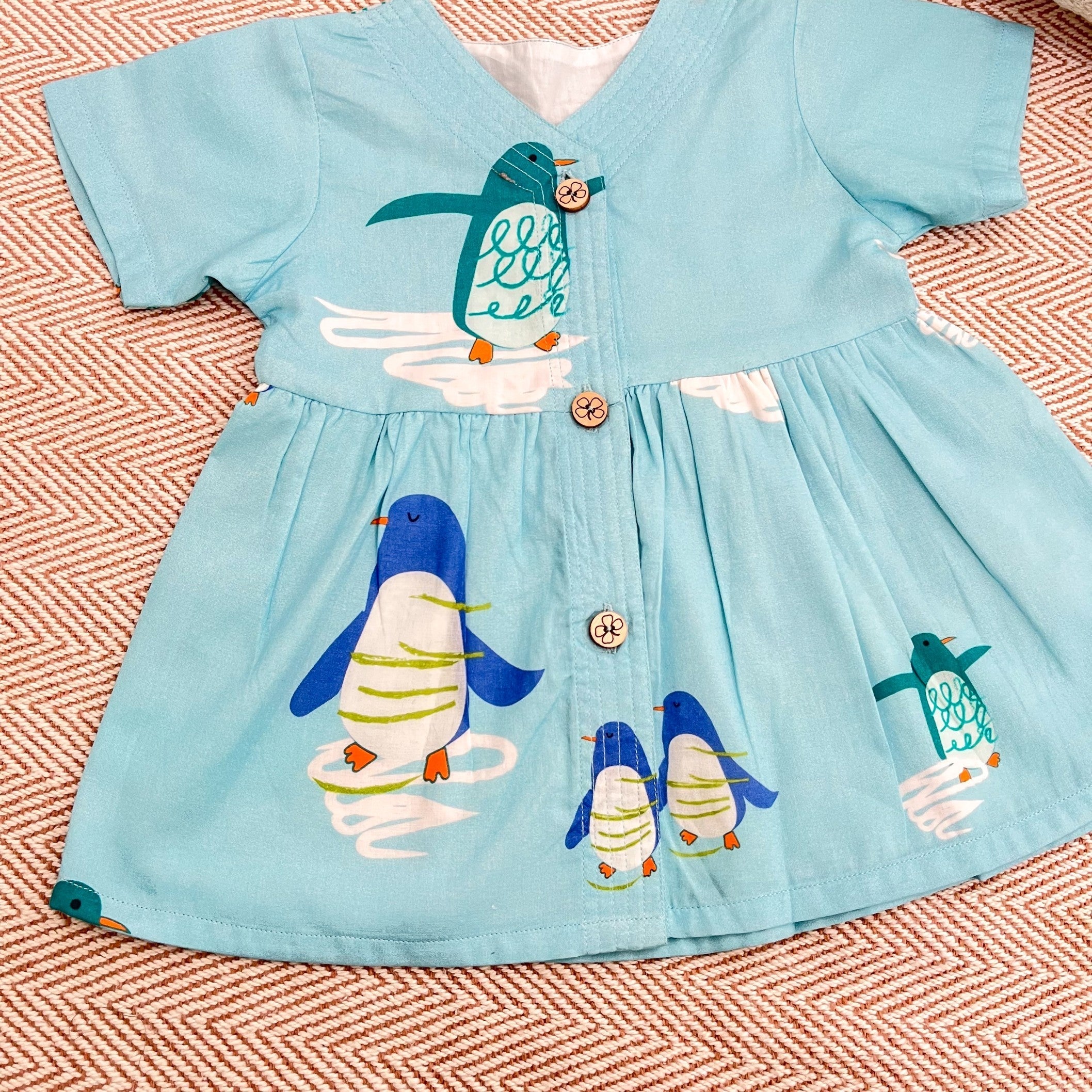 Bhaakur Organic Cotton Frock Infants And Toddlers Penguin Print - Blue - FROCK - PENGUIN - PRINT - 3 - 6M