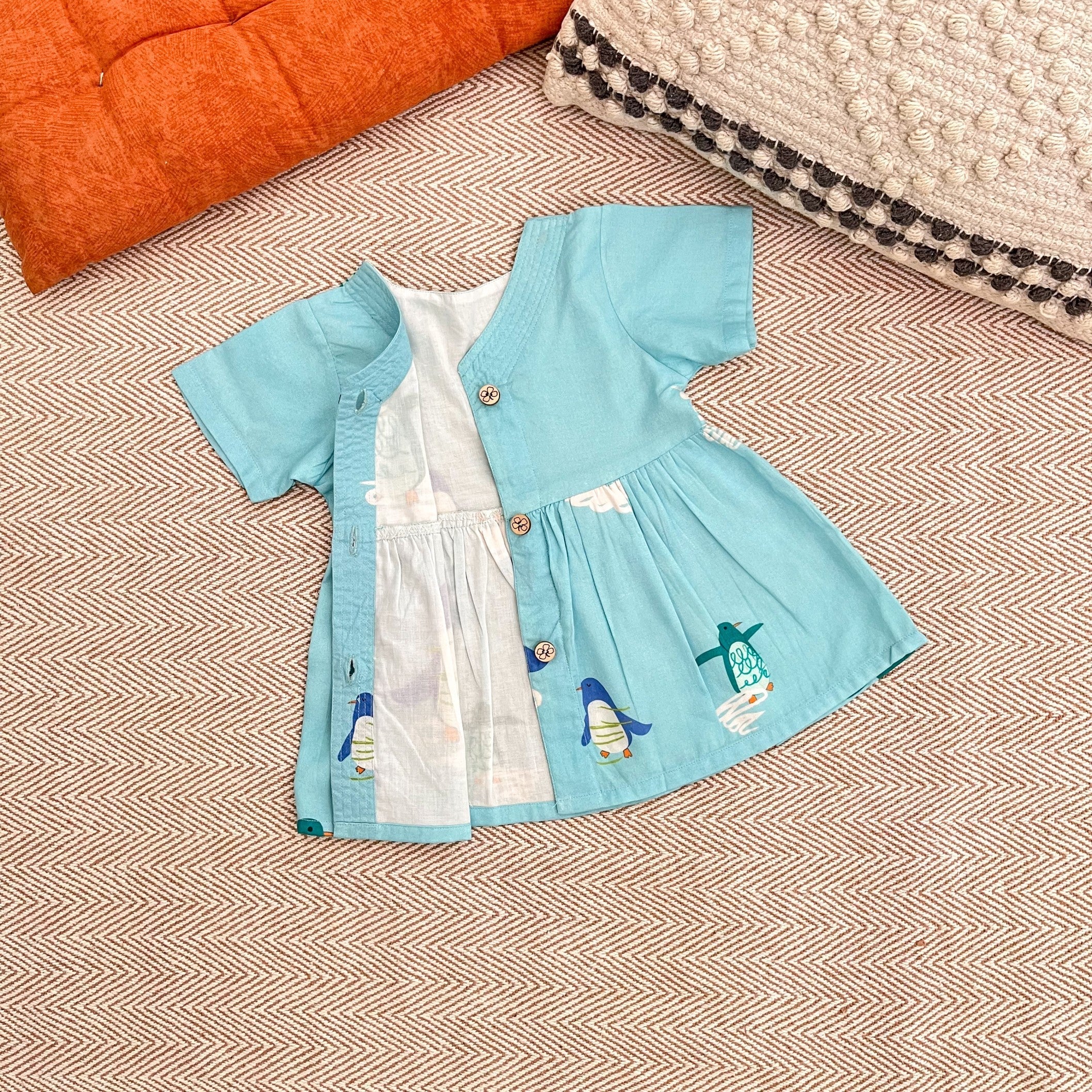 Bhaakur Organic Cotton Frock Infants And Toddlers Penguin Print - Blue - FROCK - PENGUIN - PRINT - 3 - 6M