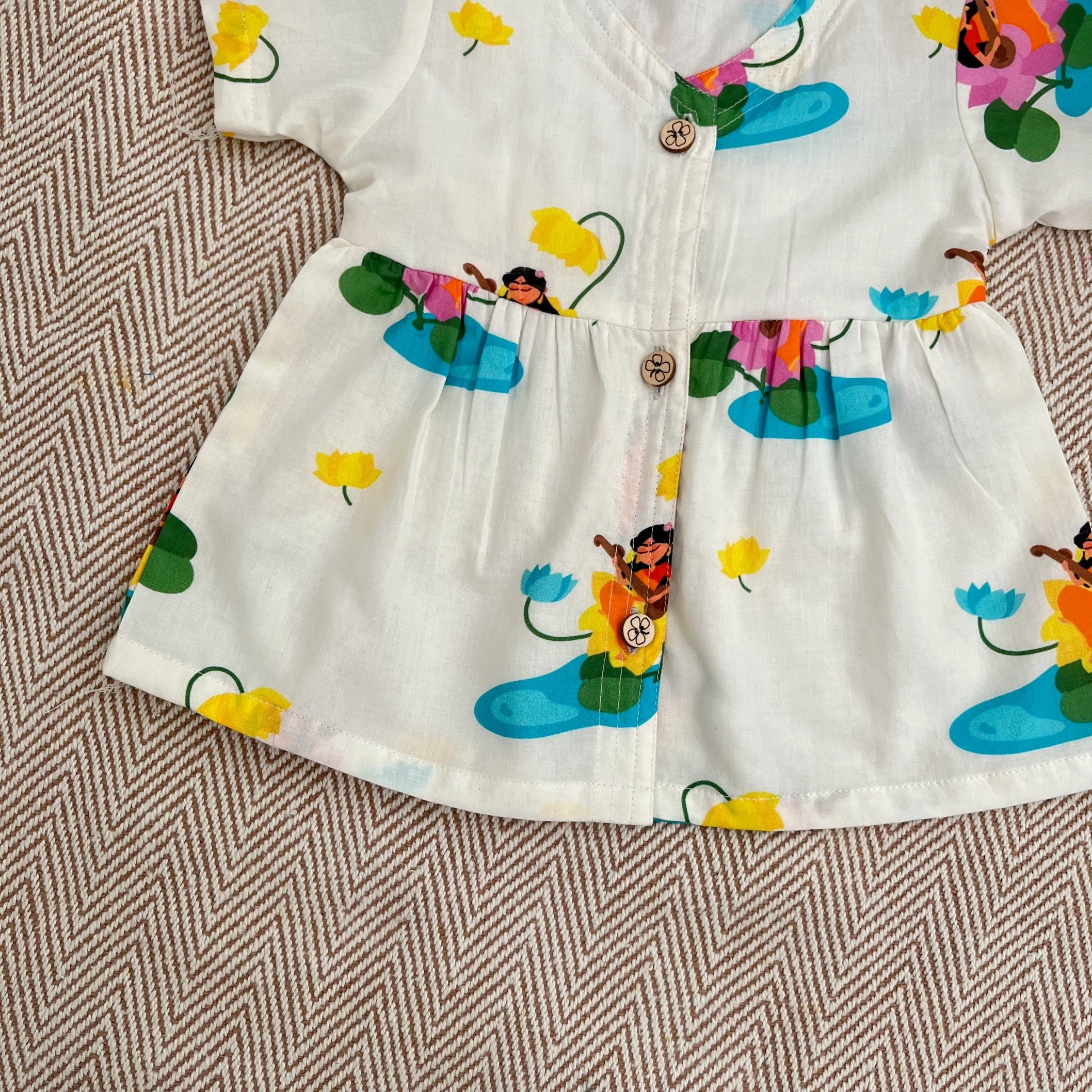 Bhaakur Organic Cotton Frock Infants And Toddlers Saraswati Print - White - FROCK - GODDESS - PRINT - 3 - 6M