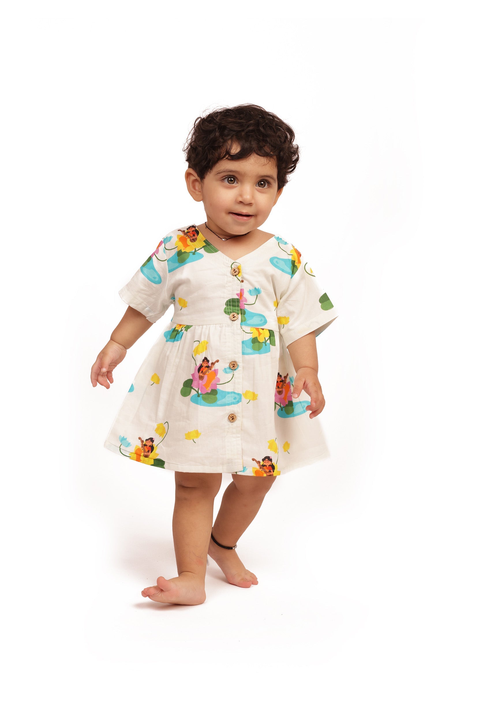 Bhaakur Organic Cotton Frock Infants And Toddlers Saraswati Print - White - FROCK - GODDESS - PRINT - 3 - 6M