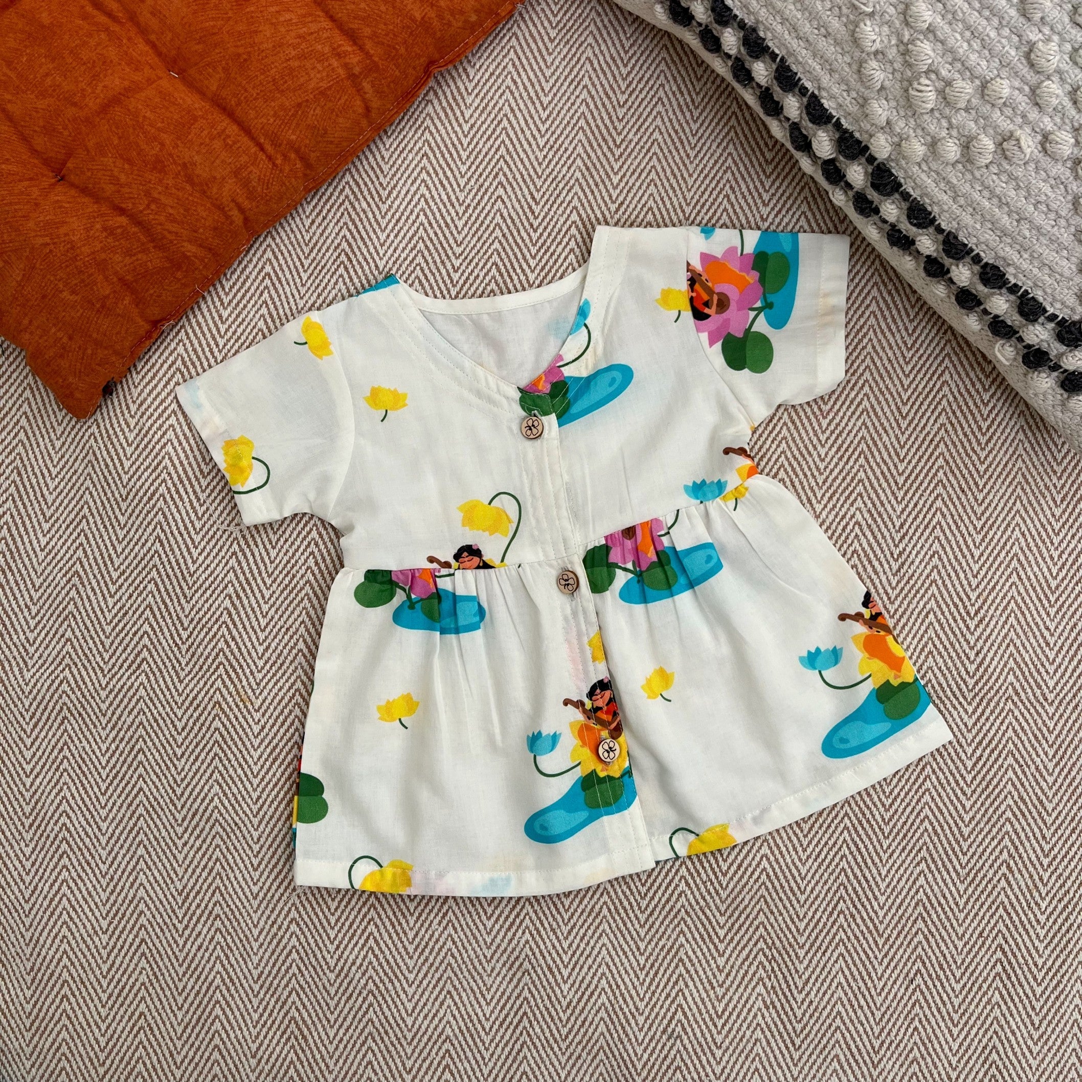 Bhaakur Organic Cotton Frock Infants And Toddlers Saraswati Print - White - FROCK - GODDESS - PRINT - 3 - 6M